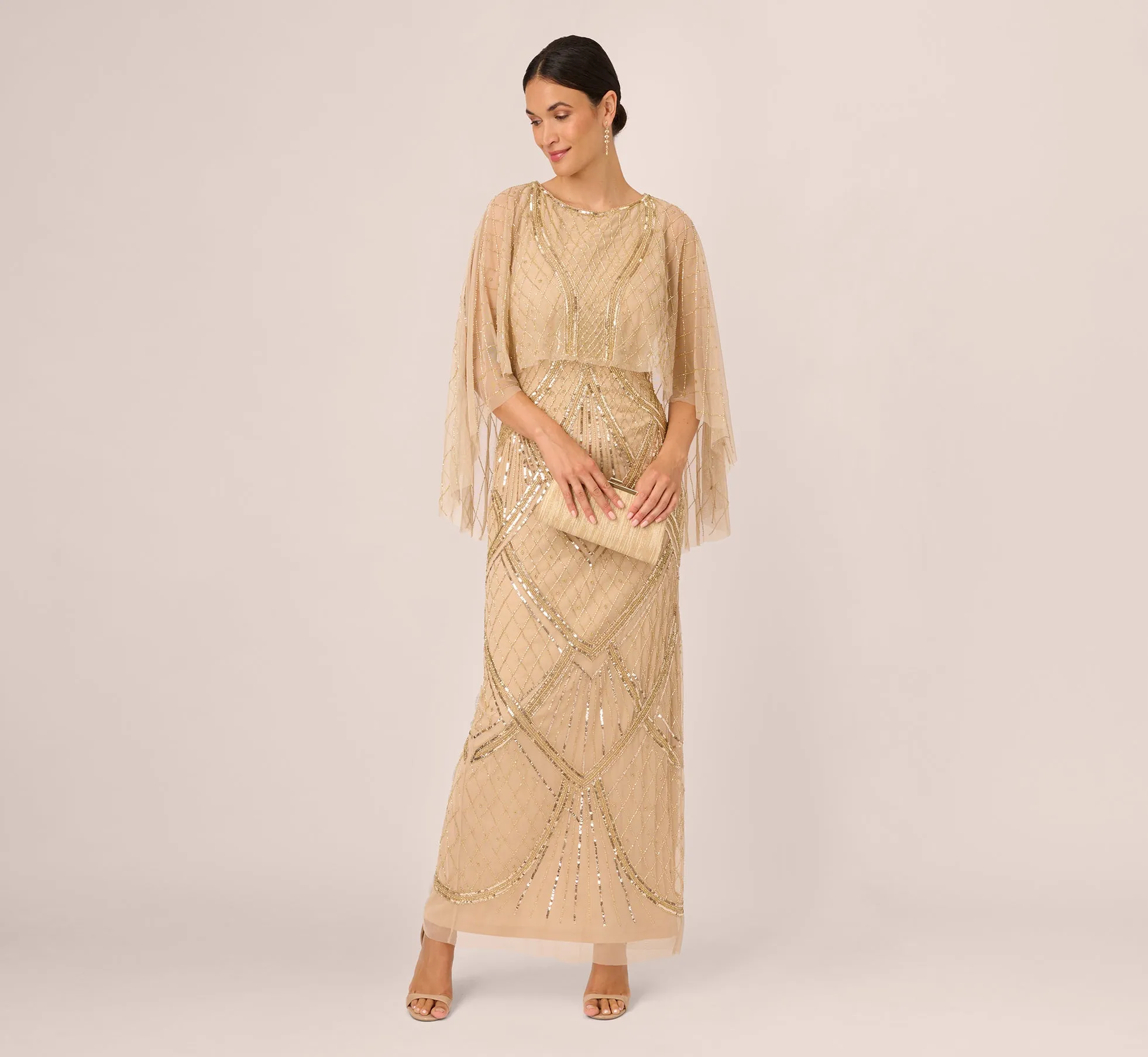 Scallop Beaded Cape Column Gown In Gold sold by Adrianna Papell product image thumbnail 2