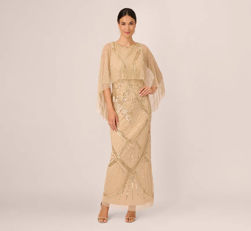 Scallop Beaded Cape Column Gown In Gold sold by Adrianna Papell