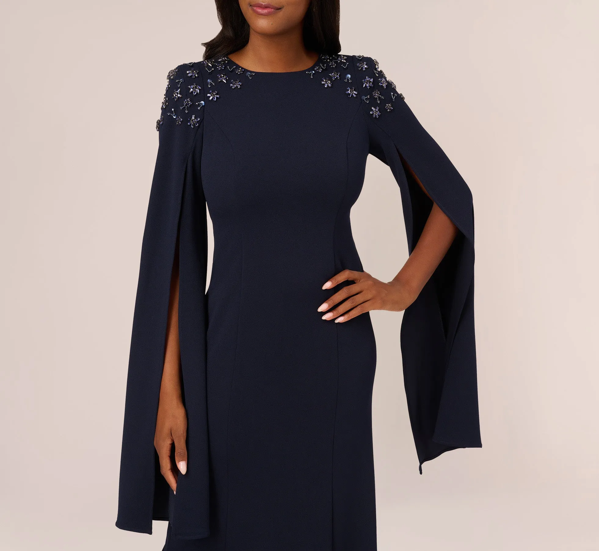Crepe Mermaid Gown With Beaded Cape Sleeves In Midnight sold by Adrianna Papell product image thumbnail 3