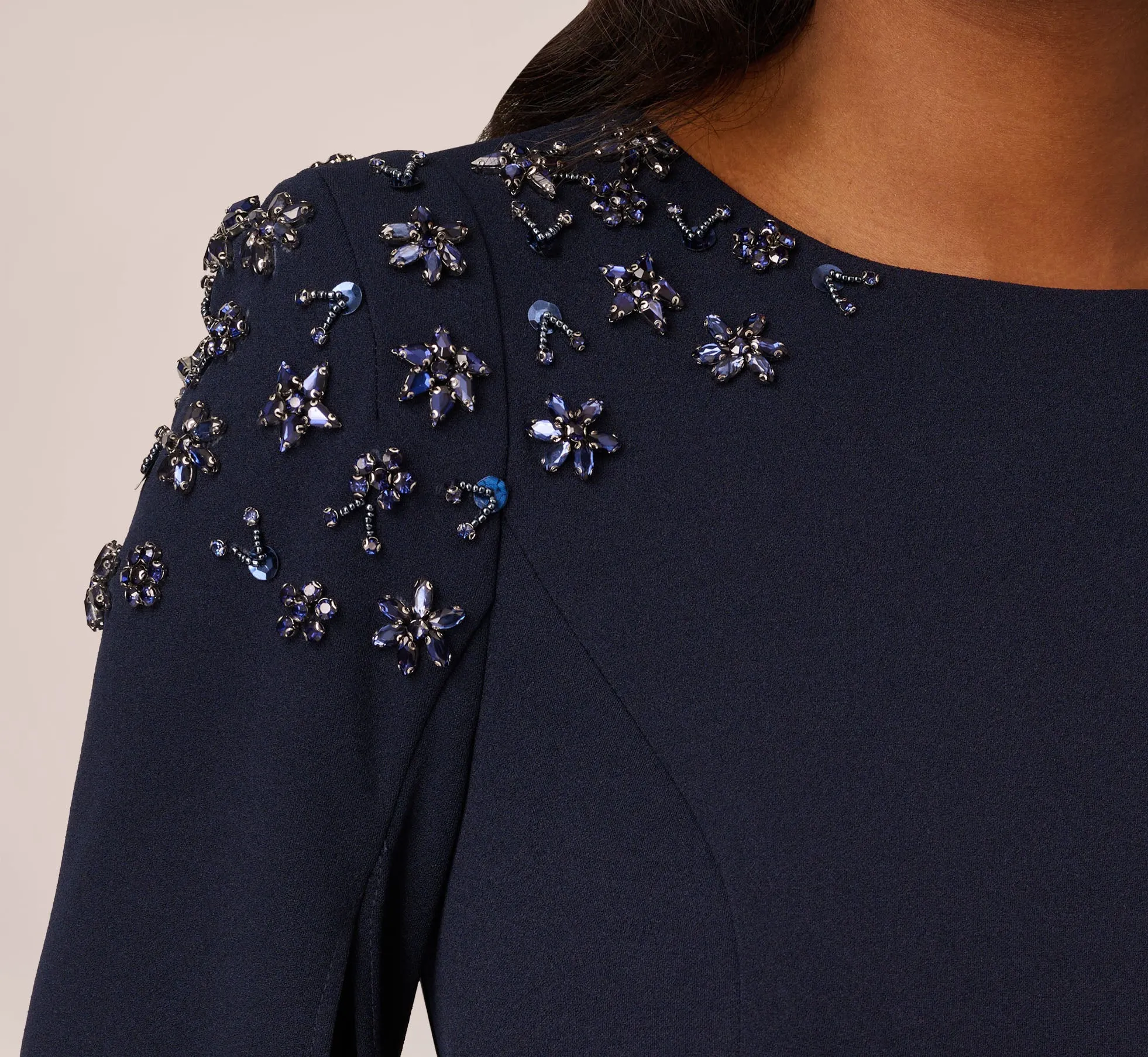 Crepe Mermaid Gown With Beaded Cape Sleeves In Midnight sold by Adrianna Papell product image thumbnail 5