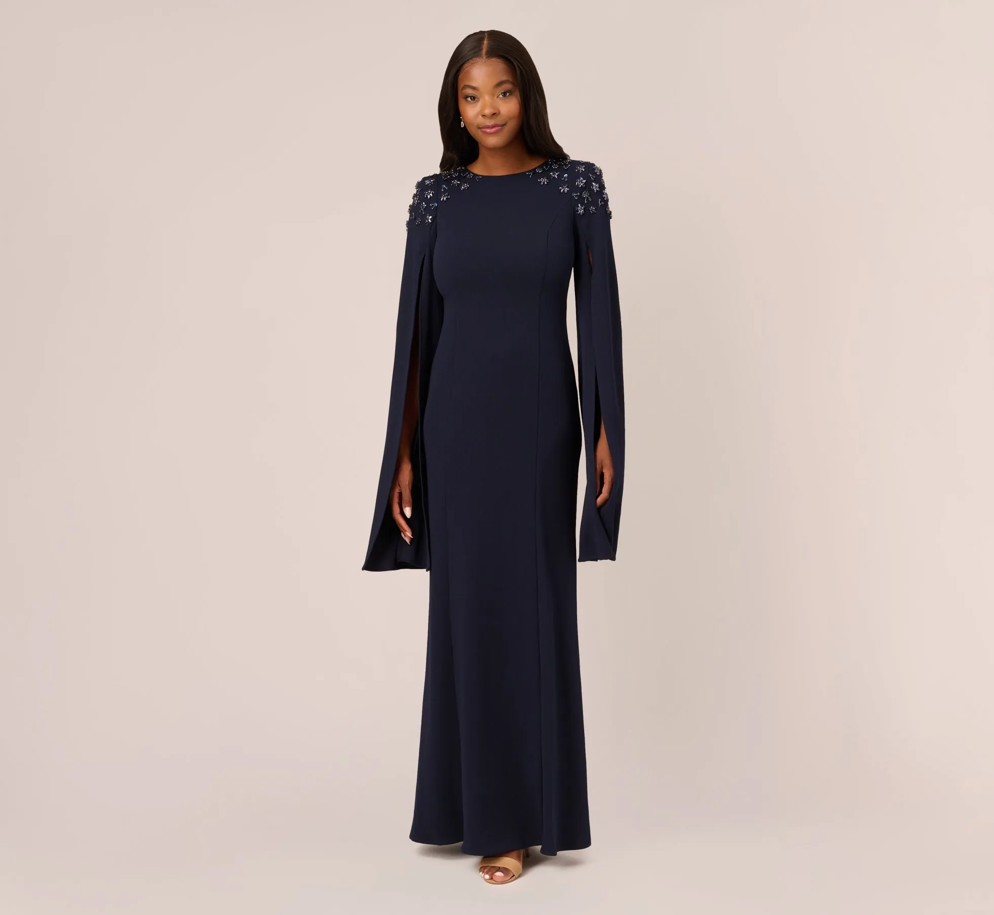 Crepe Mermaid Gown With Beaded Cape Sleeves In Midnight sold by Adrianna Papell