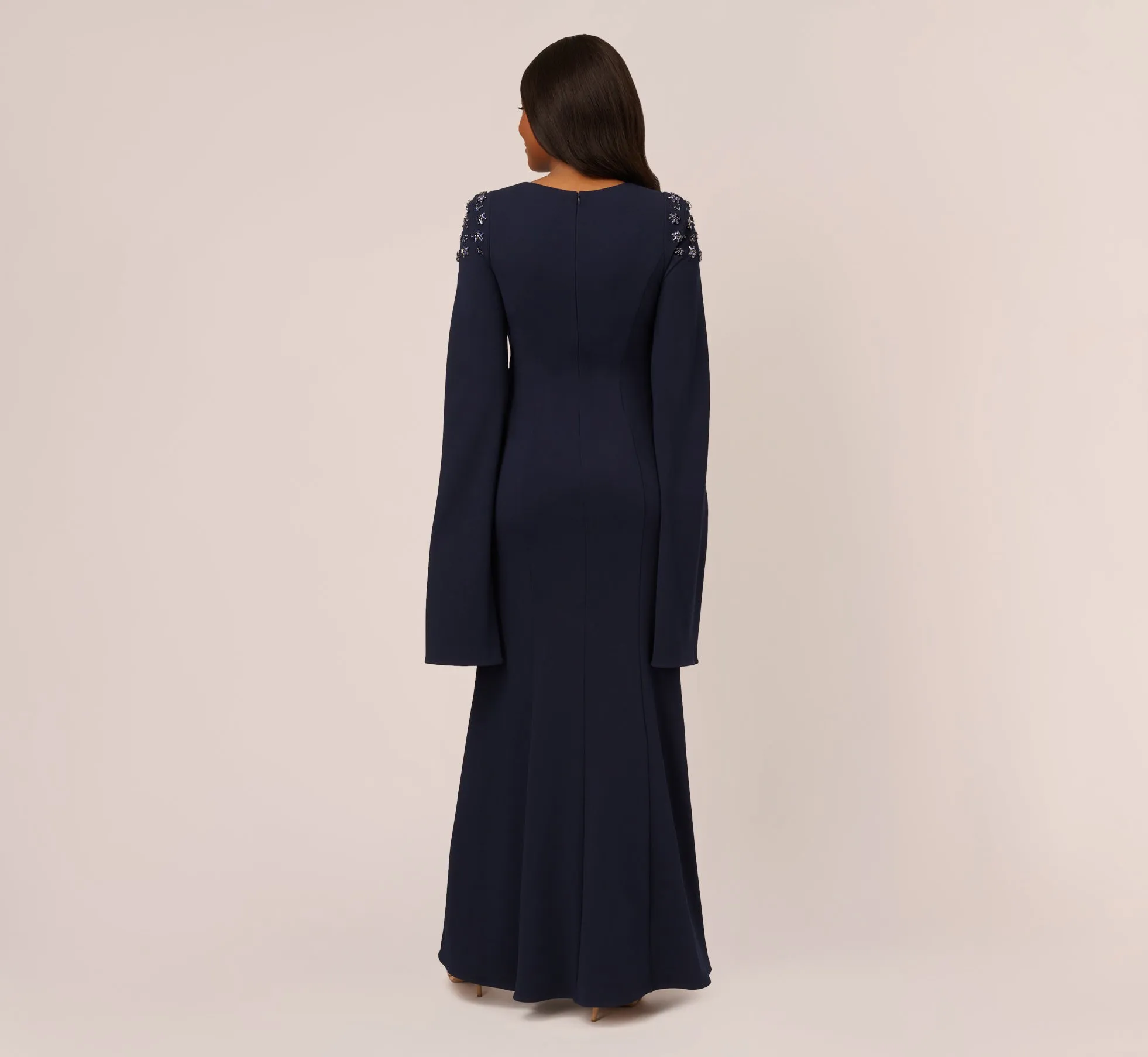 Crepe Mermaid Gown With Beaded Cape Sleeves In Midnight sold by Adrianna Papell product image thumbnail 4