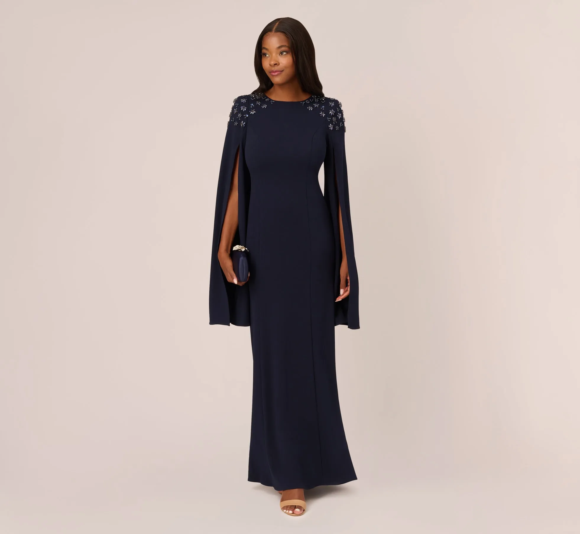 Crepe Mermaid Gown With Beaded Cape Sleeves In Midnight sold by Adrianna Papell product image thumbnail 2
