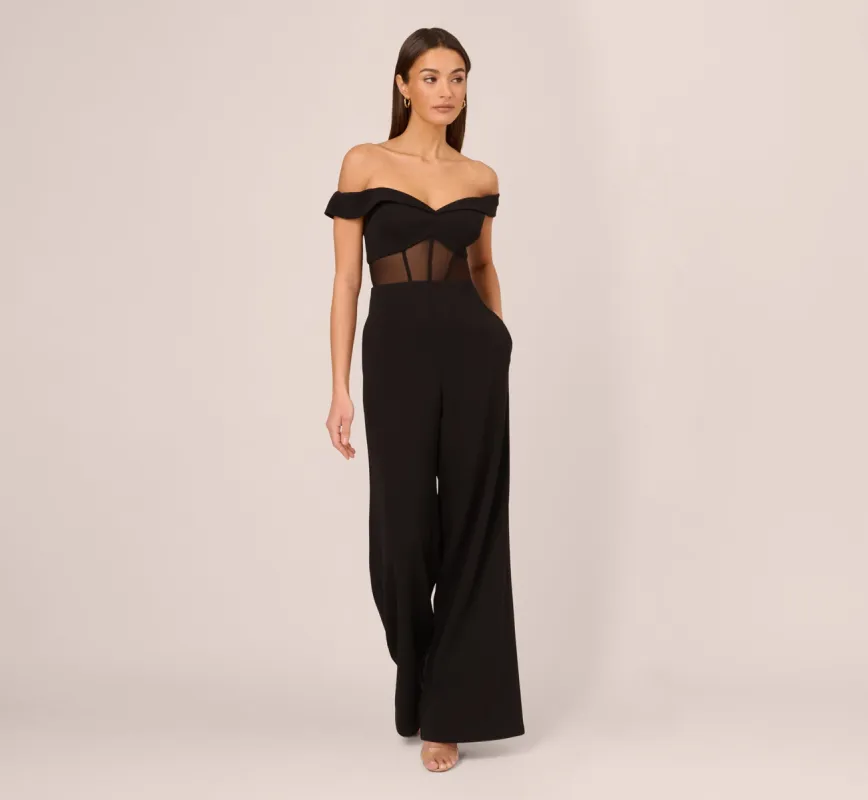 Off The Shoulder Jumpsuit With Sheer Corset Bodice In Black sold by Adrianna Papell