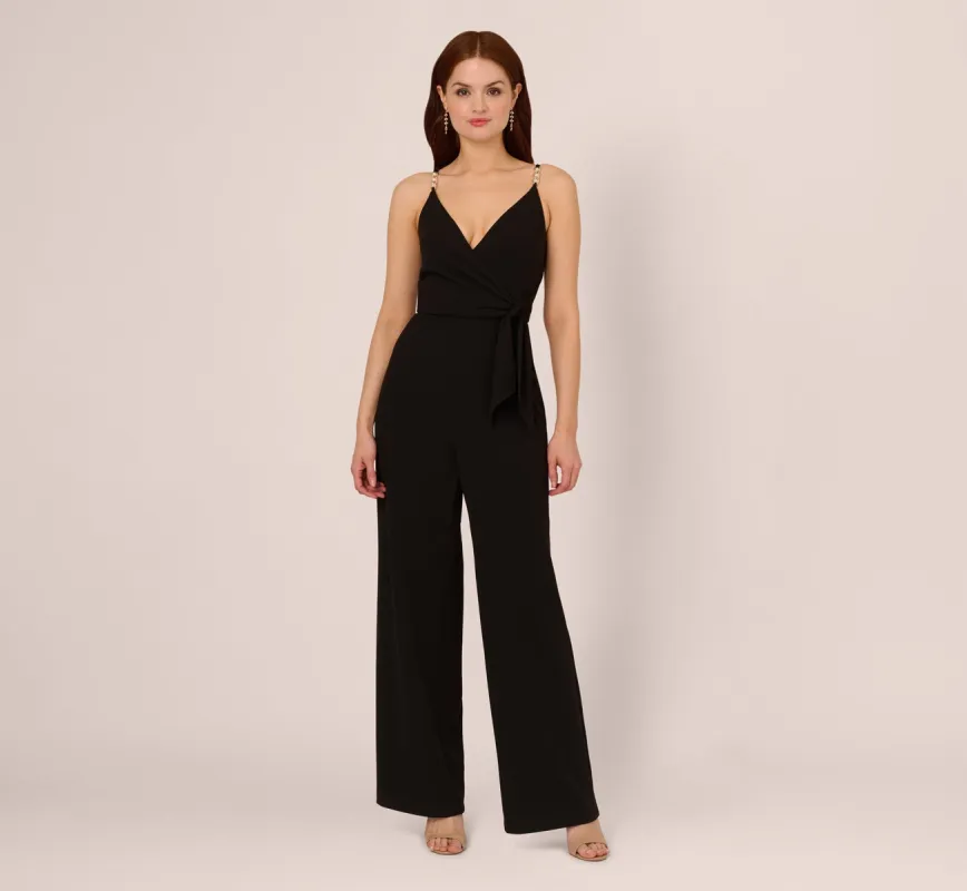 Wide Leg Jumpsuit With Pearl Chain Spaghetti Straps In Black sold by Adrianna Papell