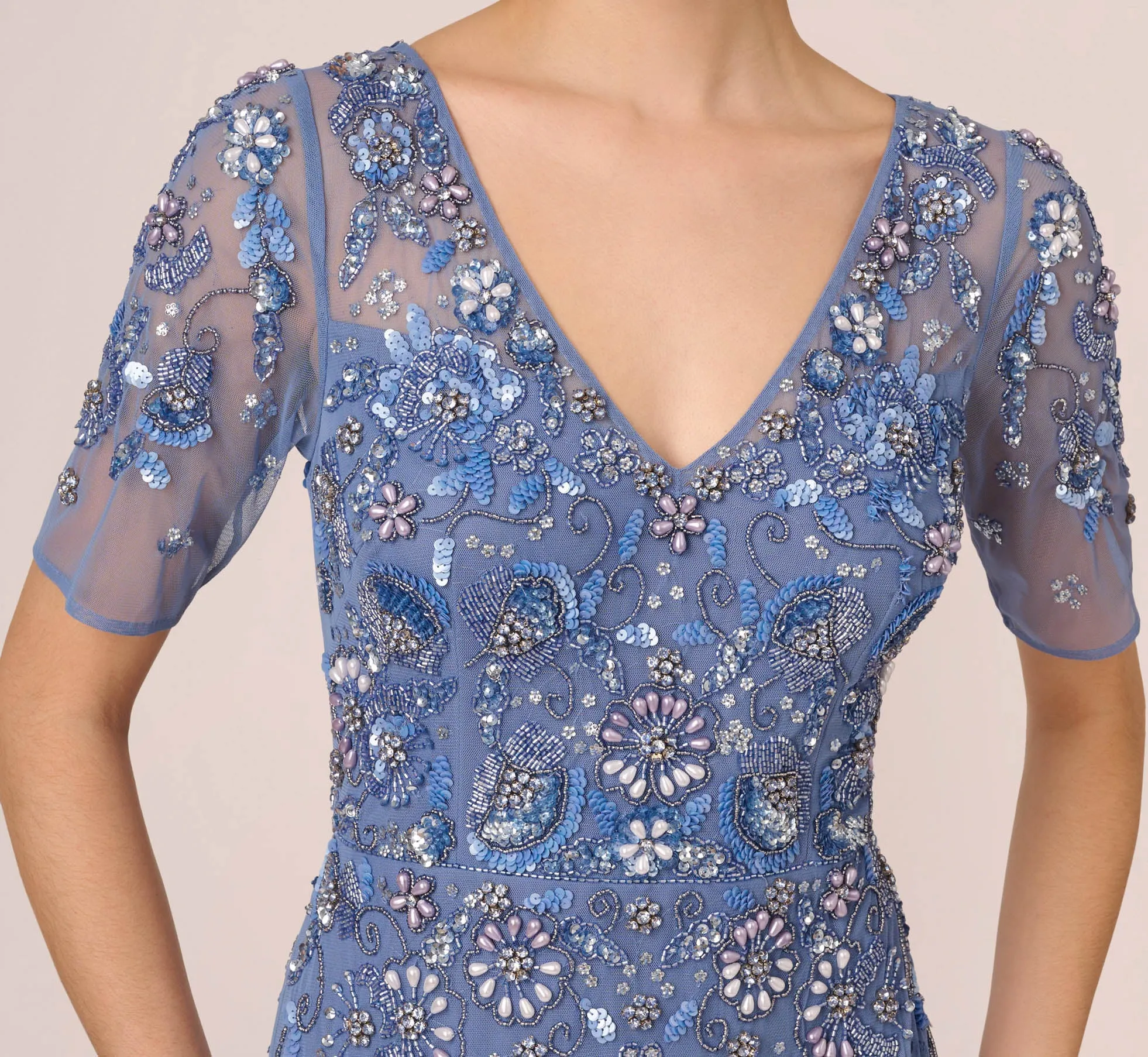 3D Floral Beaded Mermaid Gown With Sheer Short Sleeves In French Blue sold by Adrianna Papell product image thumbnail 5