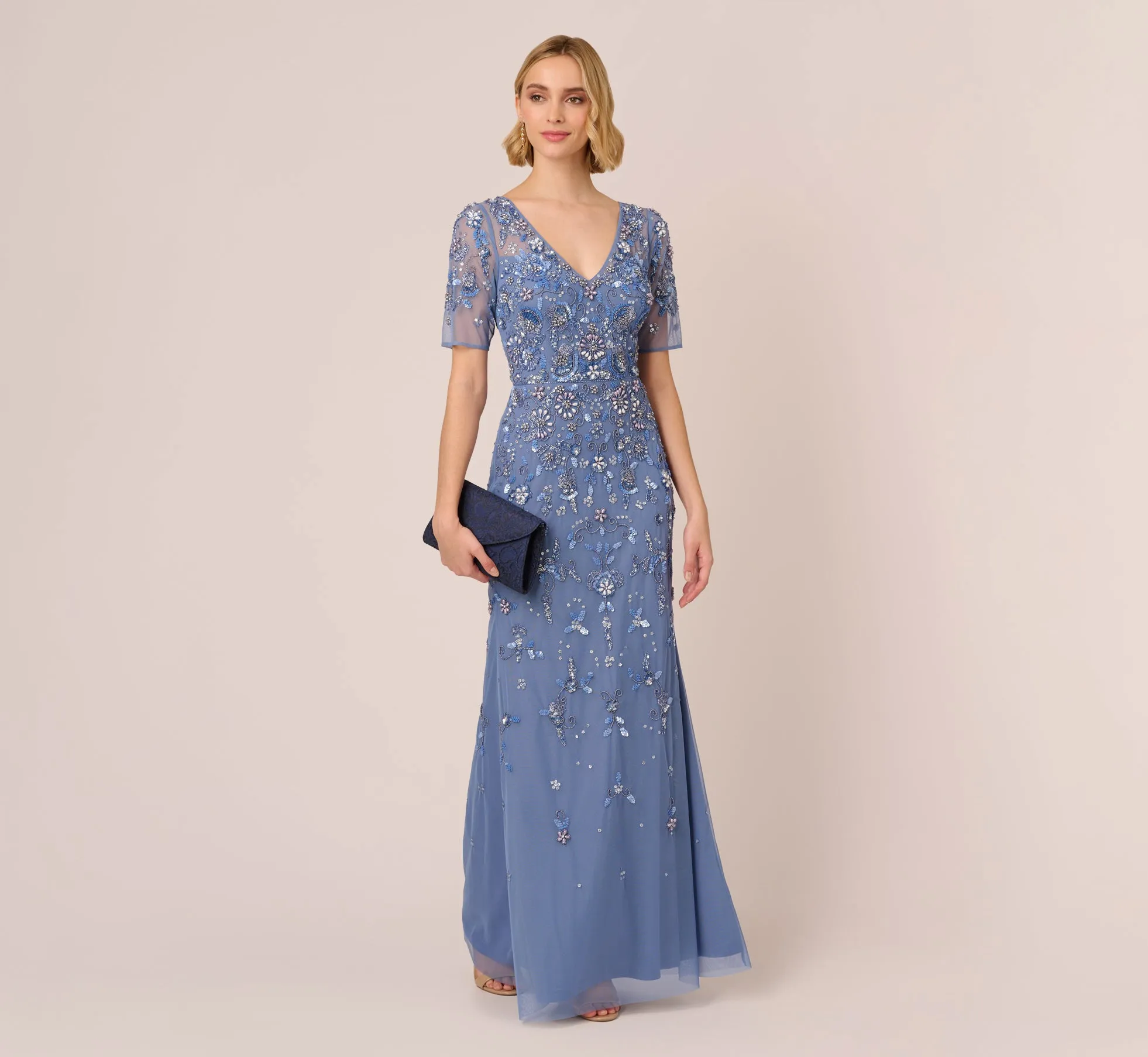 3D Floral Beaded Mermaid Gown With Sheer Short Sleeves In French Blue sold by Adrianna Papell product image thumbnail 2