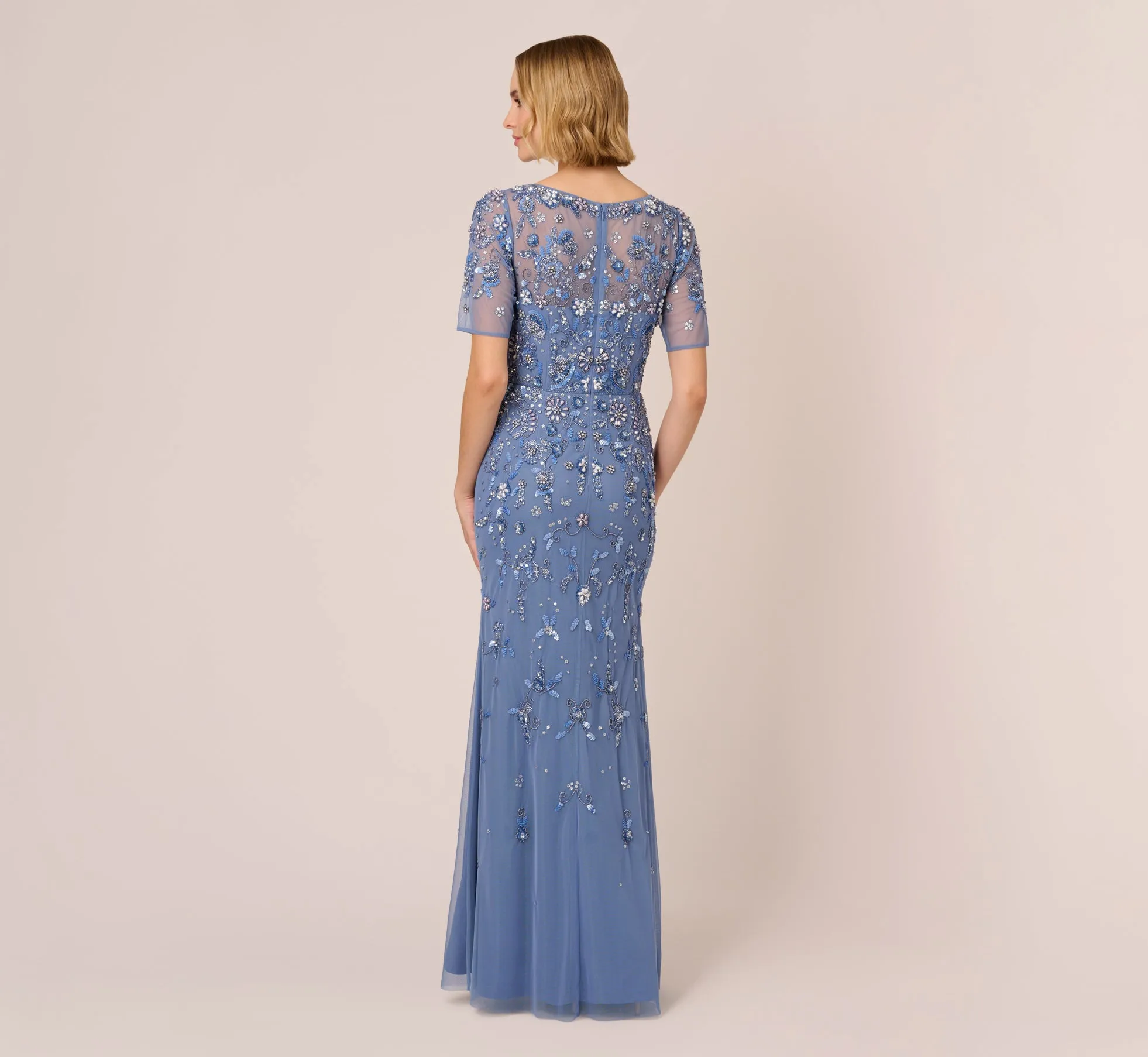 3D Floral Beaded Mermaid Gown With Sheer Short Sleeves In French Blue sold by Adrianna Papell product image thumbnail 4
