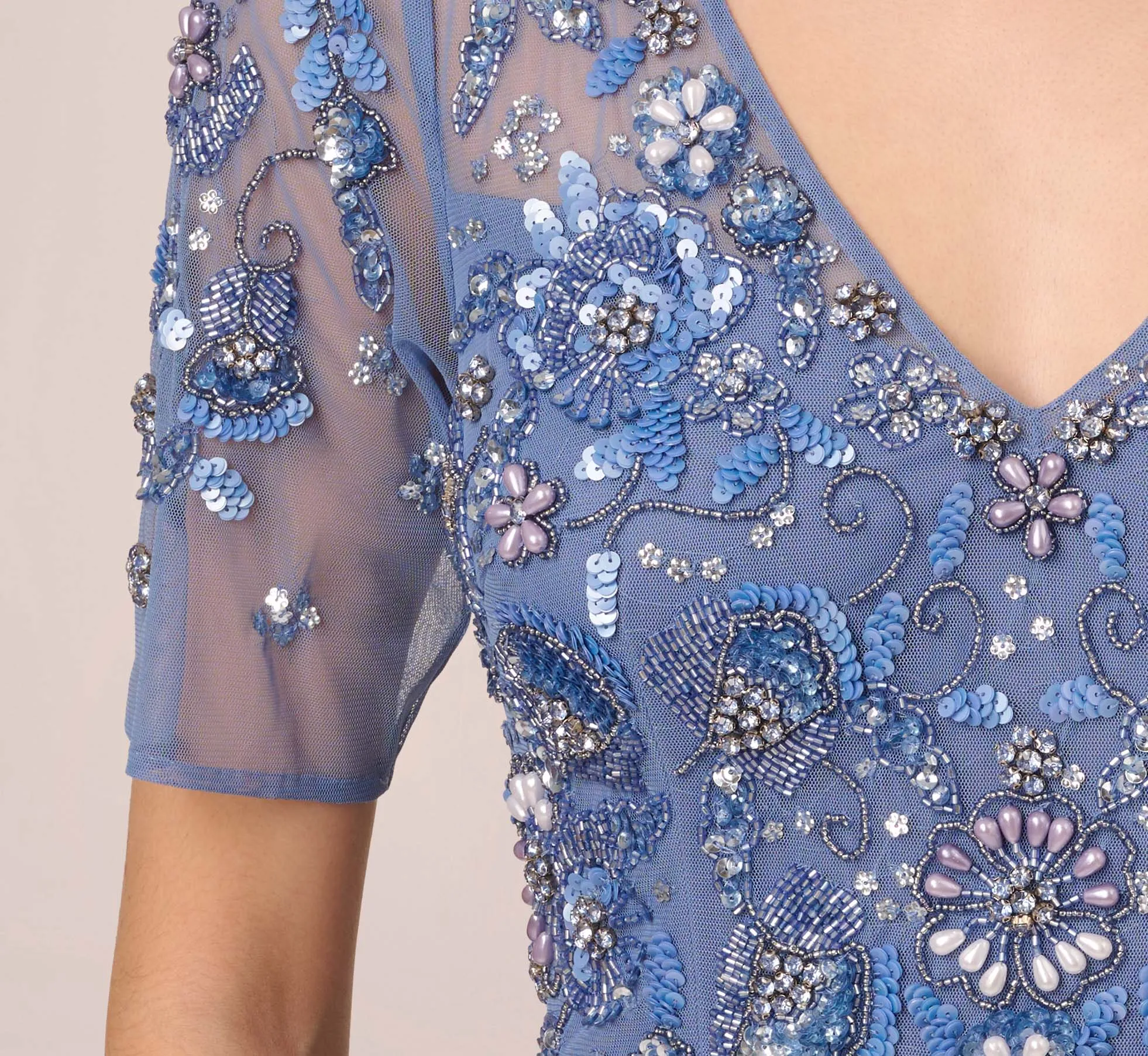 3D Floral Beaded Mermaid Gown With Sheer Short Sleeves In French Blue sold by Adrianna Papell product image thumbnail 3