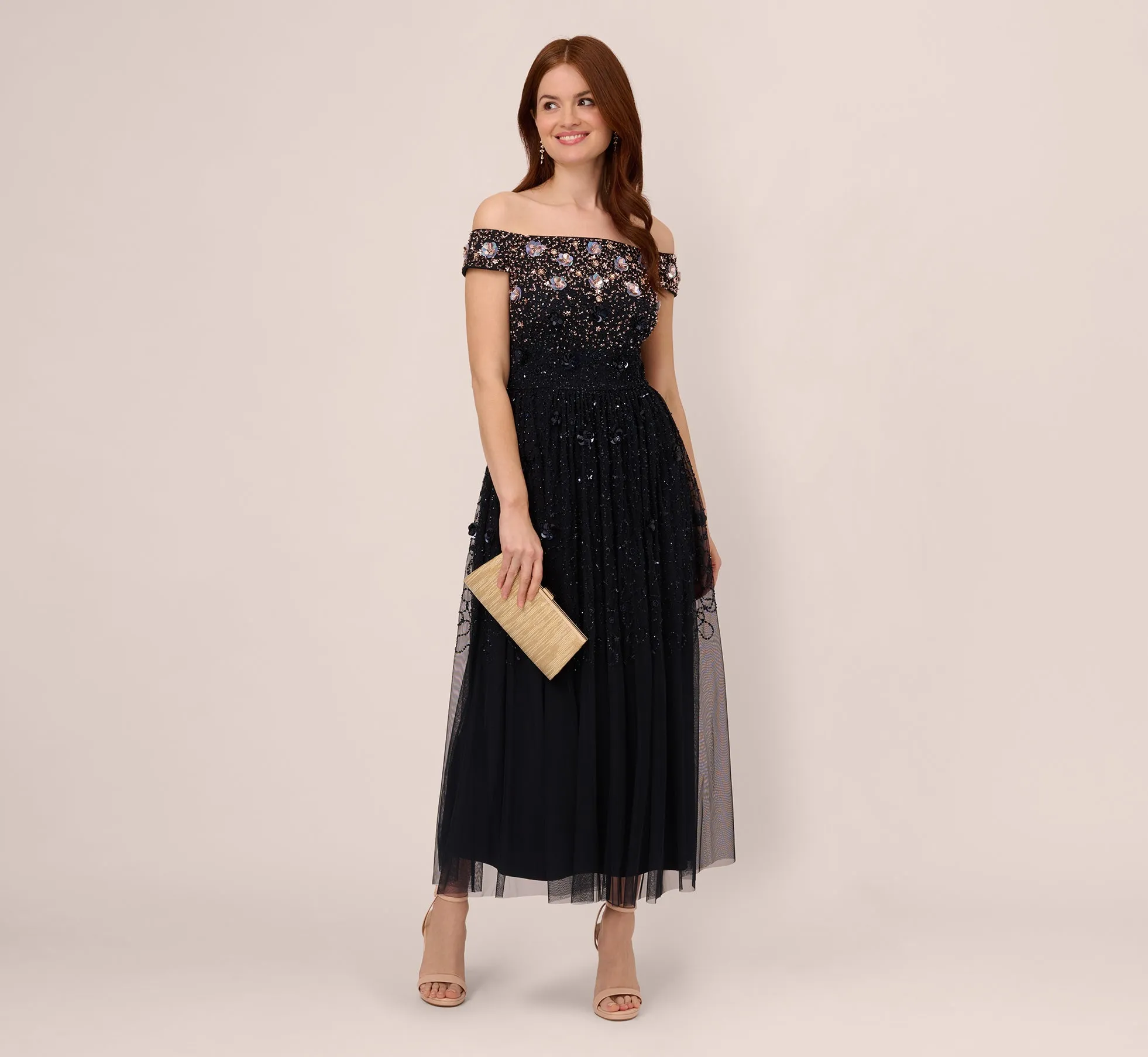 Off The Shoulder Ankle-Length Beaded Dress With Sequin Rosettes In Navy Rosegold sold by Adrianna Papell product image thumbnail 2