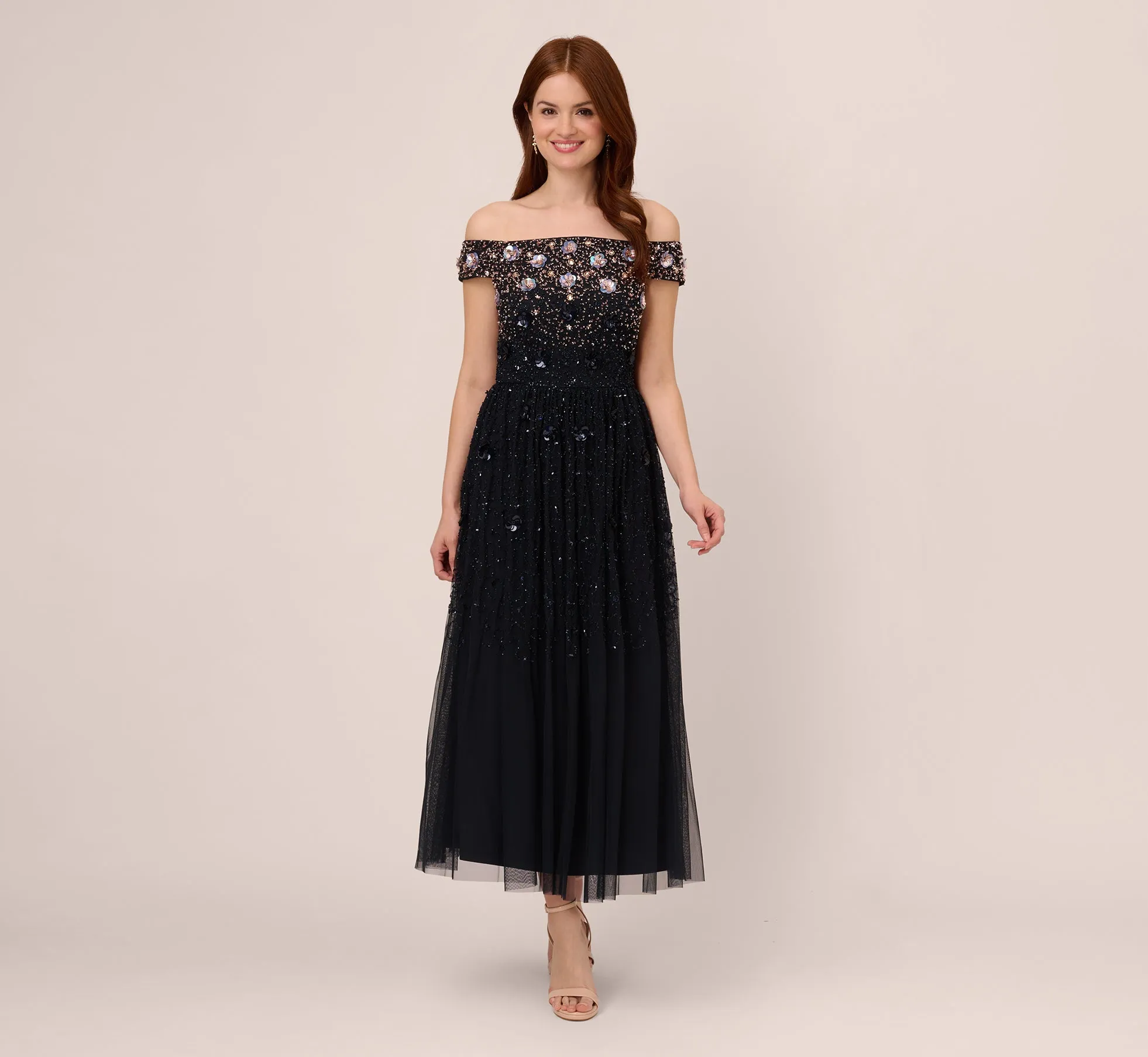 Off The Shoulder Ankle-Length Beaded Dress With Sequin Rosettes In Navy Rosegold sold by Adrianna Papell