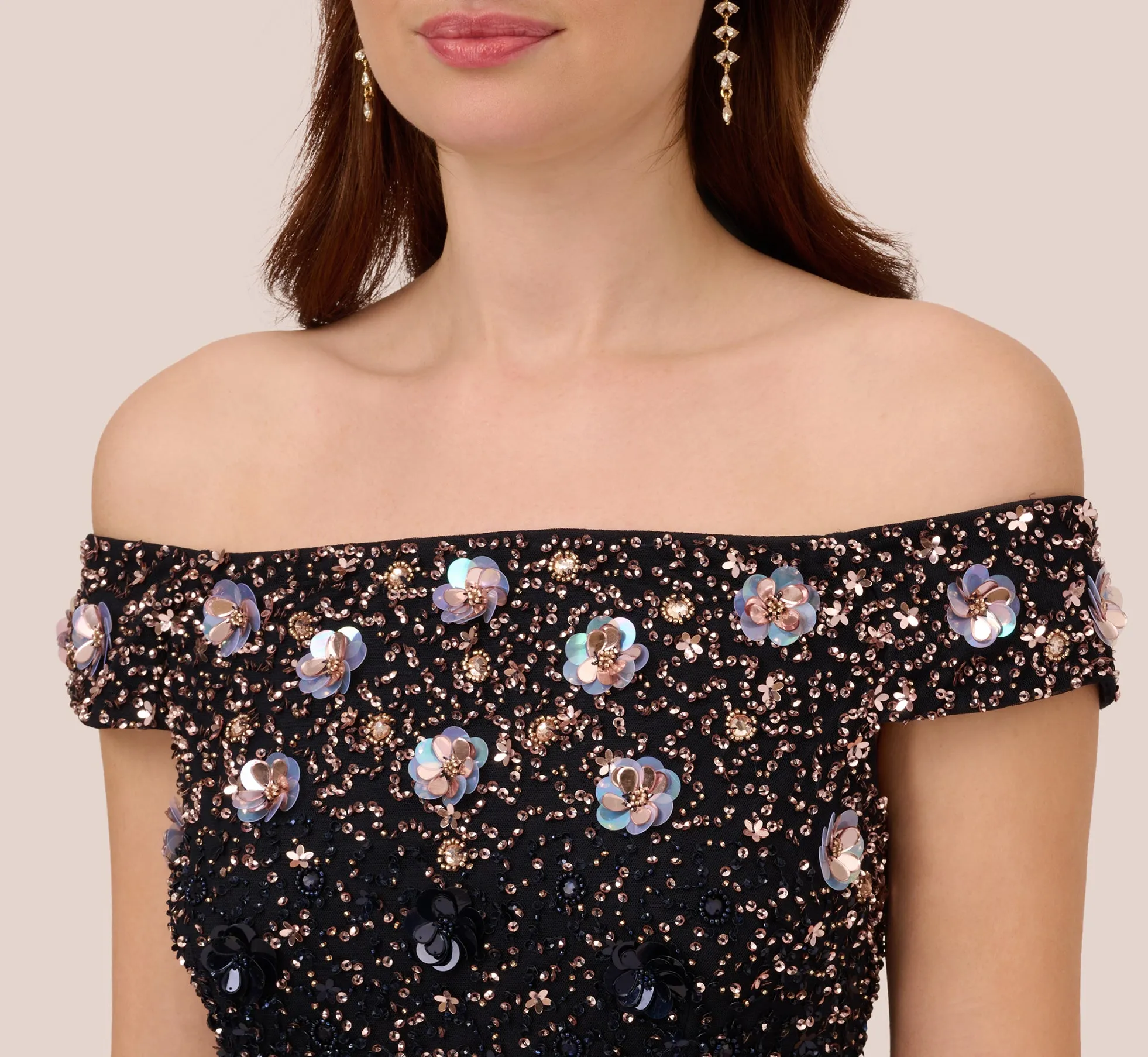 Off The Shoulder Ankle-Length Beaded Dress With Sequin Rosettes In Navy Rosegold sold by Adrianna Papell product image thumbnail 3