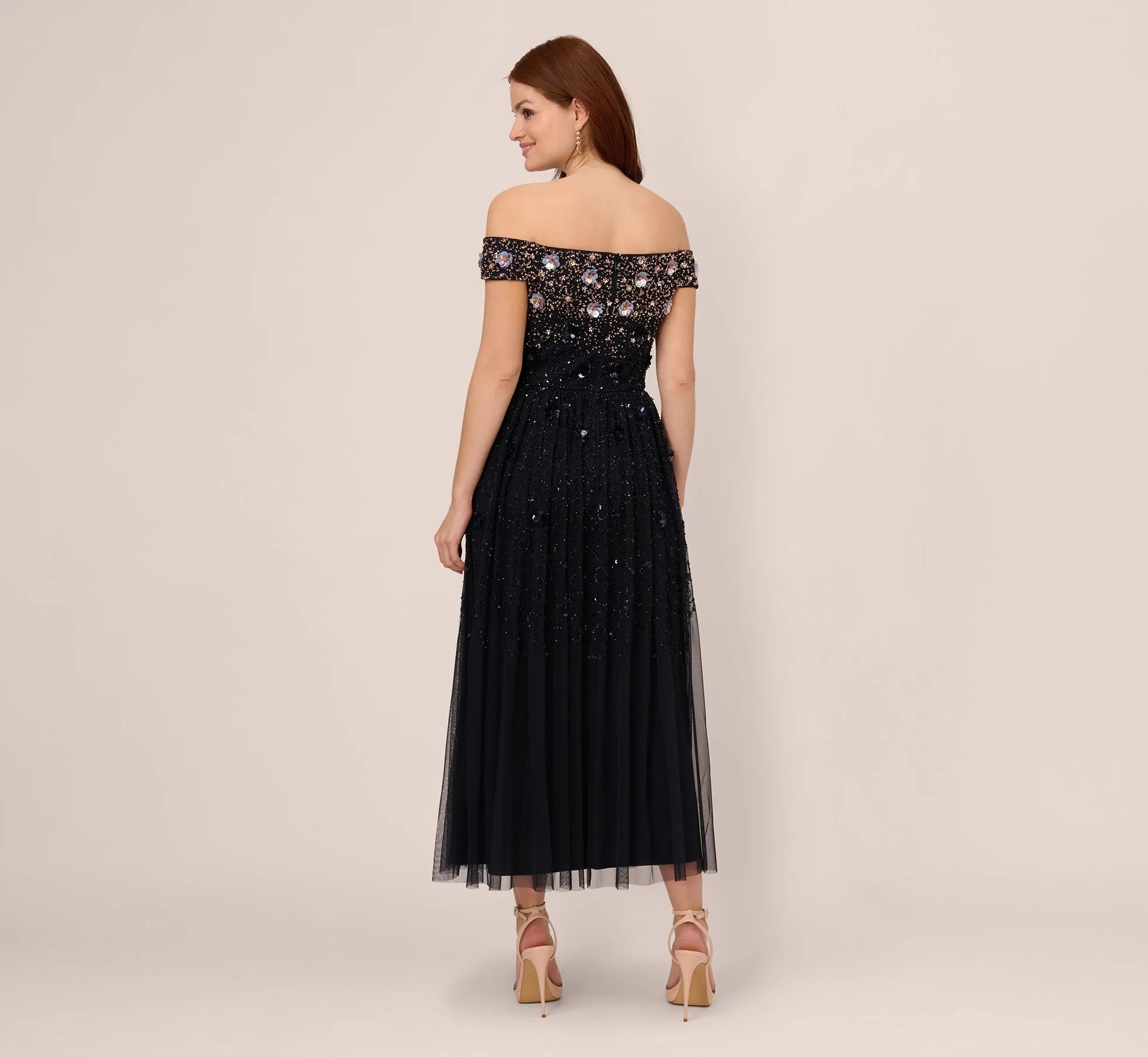 Off The Shoulder Ankle-Length Beaded Dress With Sequin Rosettes In Navy Rosegold sold by Adrianna Papell product image thumbnail 4