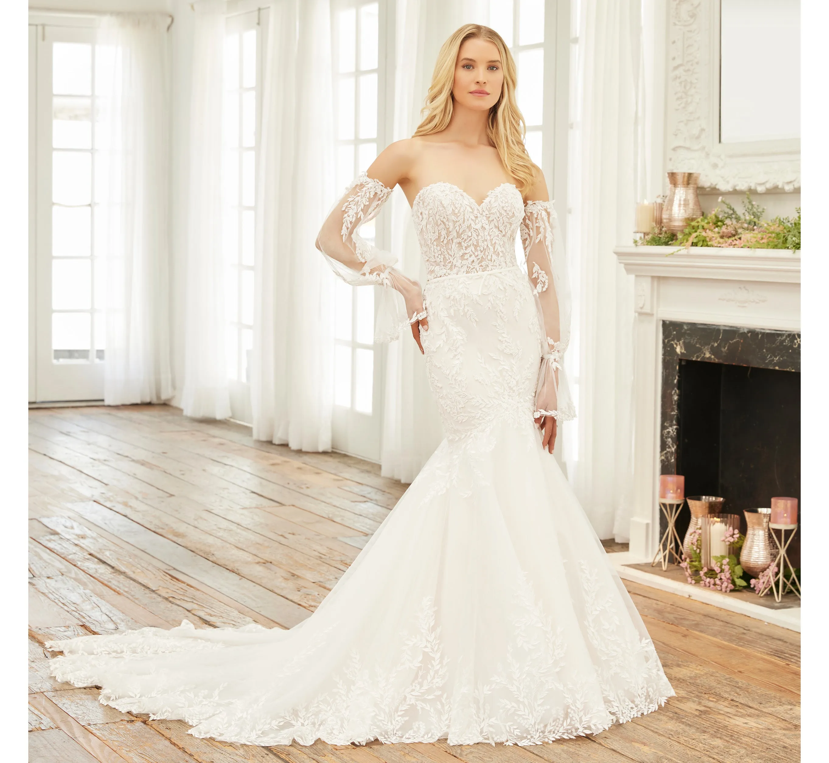 Lace And Tulle Mermaid Gown With Detachable Long Sleeves And Belt In Ivory Almond Nude sold by Adrianna Papell