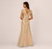 Floral Beaded Mermaid Gown With Flutter Cap Sleeves In Light Champagne sold by Adrianna Papell