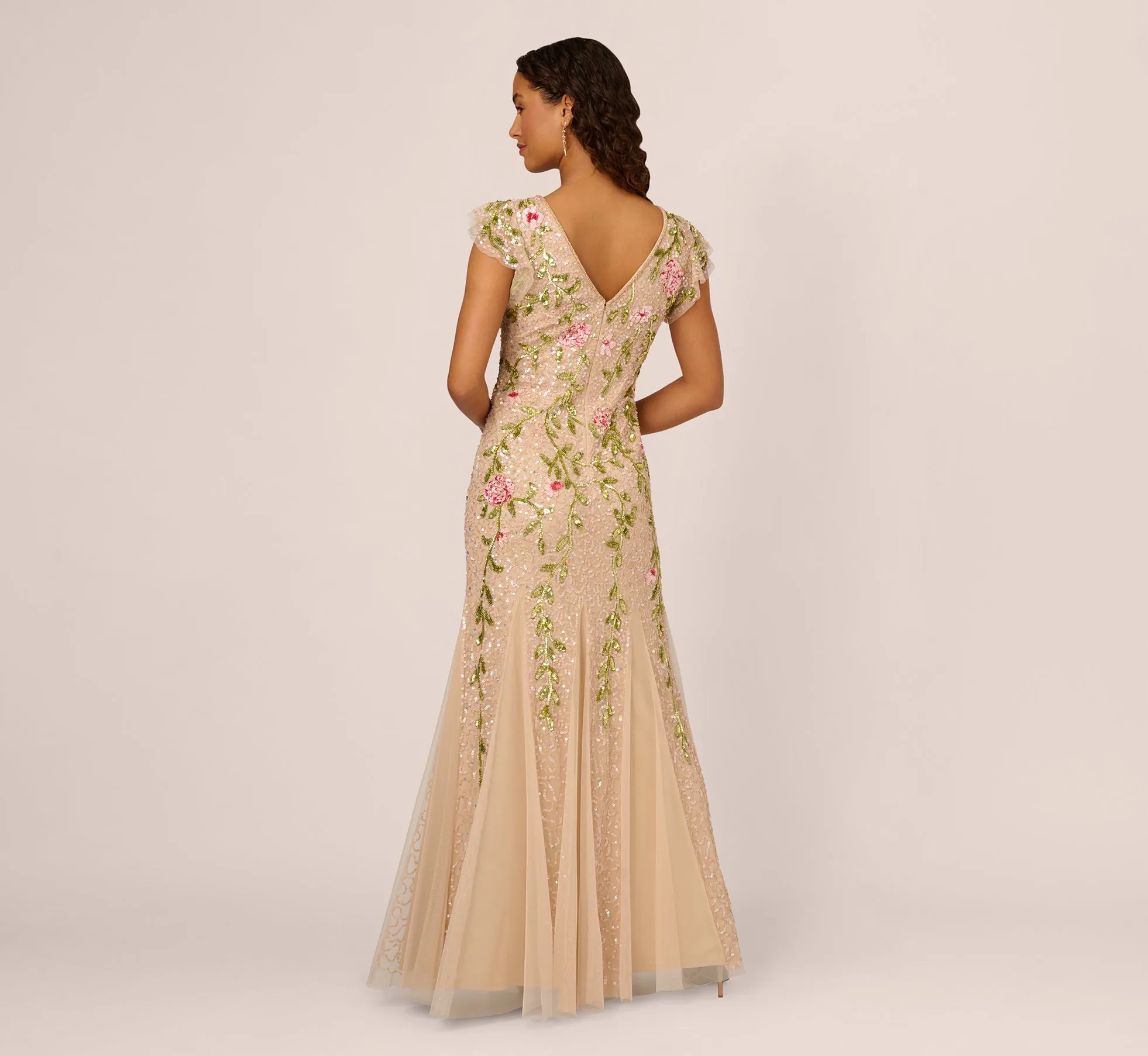 Floral Beaded Mermaid Gown With Flutter Cap Sleeves In Light Champagne sold by Adrianna Papell product image thumbnail 4