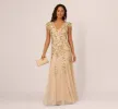 Floral Beaded Mermaid Gown With Flutter Cap Sleeves In Light Champagne sold by Adrianna Papell