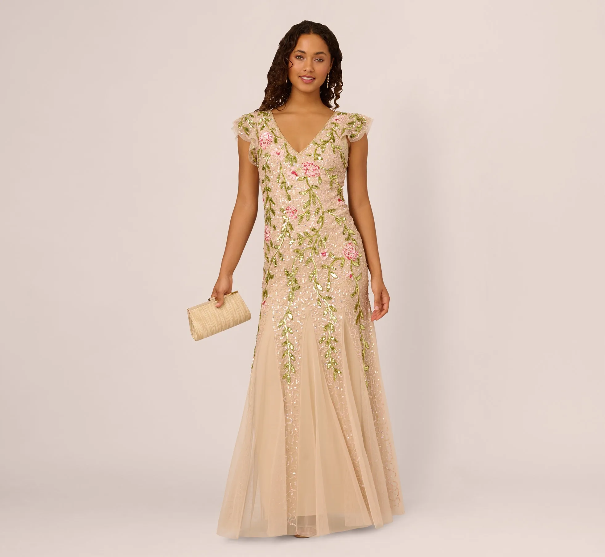 Floral Beaded Mermaid Gown With Flutter Cap Sleeves In Light Champagne sold by Adrianna Papell product image thumbnail 2