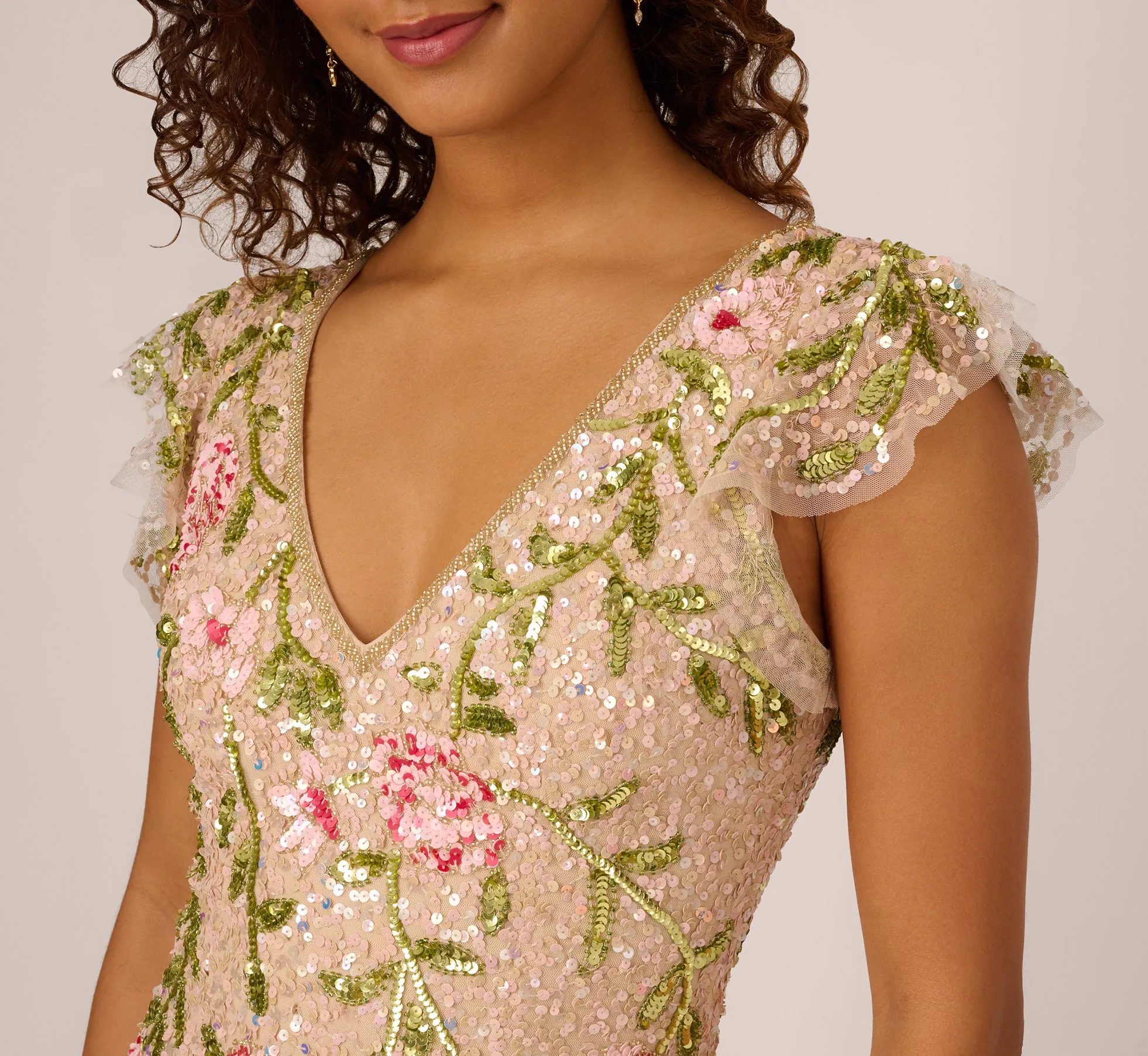 Floral Beaded Mermaid Gown With Flutter Cap Sleeves In Light Champagne sold by Adrianna Papell product image thumbnail 3