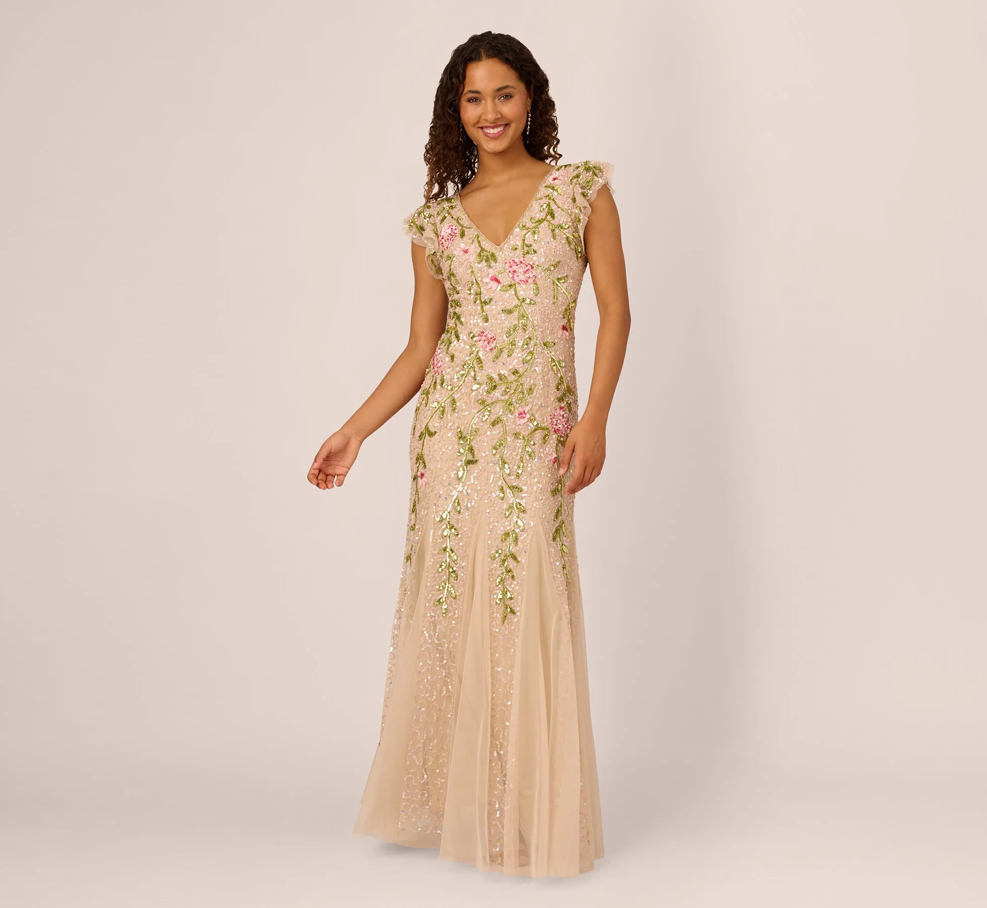Floral Beaded Mermaid Gown With Flutter Cap Sleeves In Light Champagne sold by Adrianna Papell