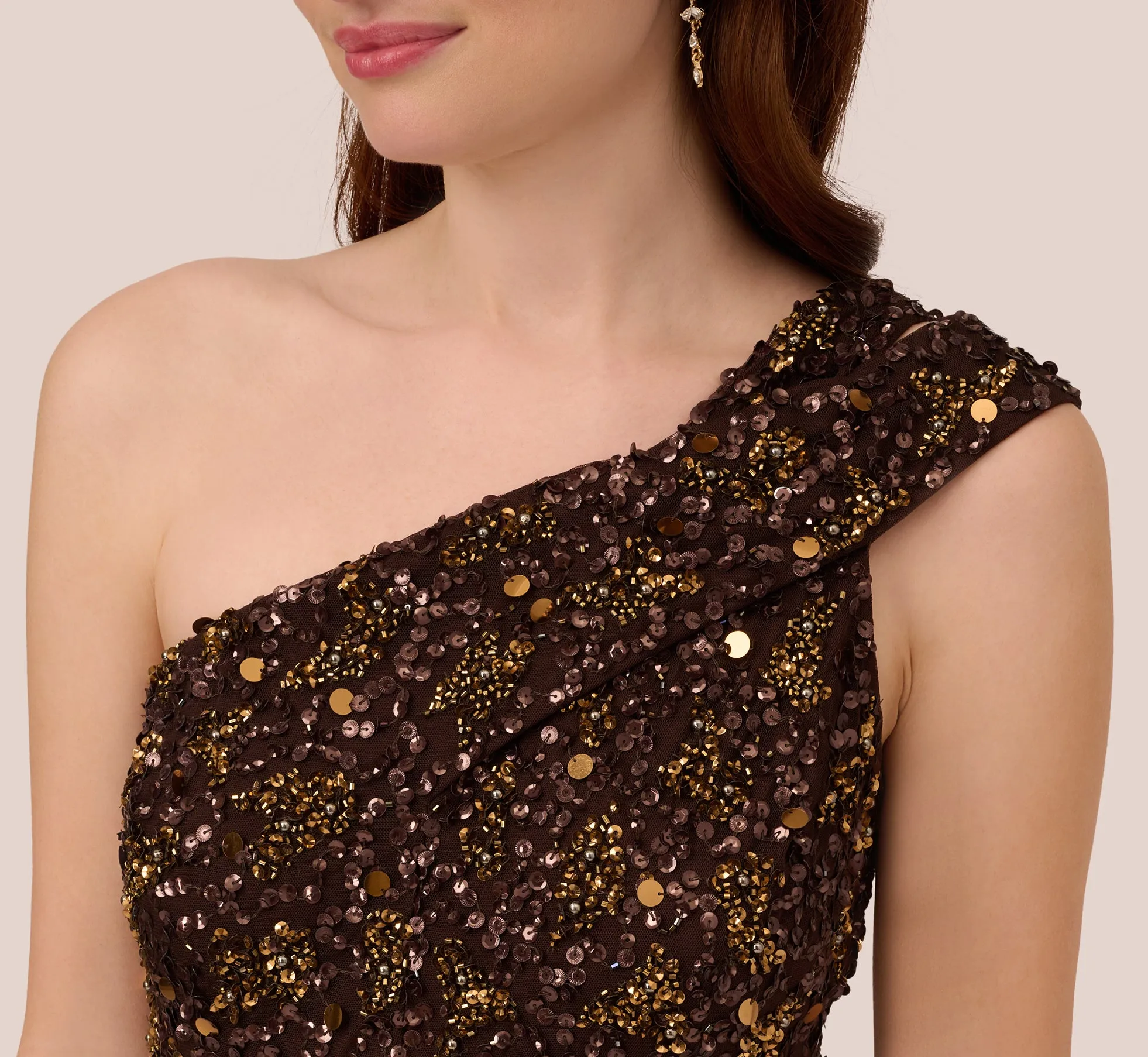 One Shoulder Beaded Mermaid Gown In Chocolate sold by Adrianna Papell product image thumbnail 3
