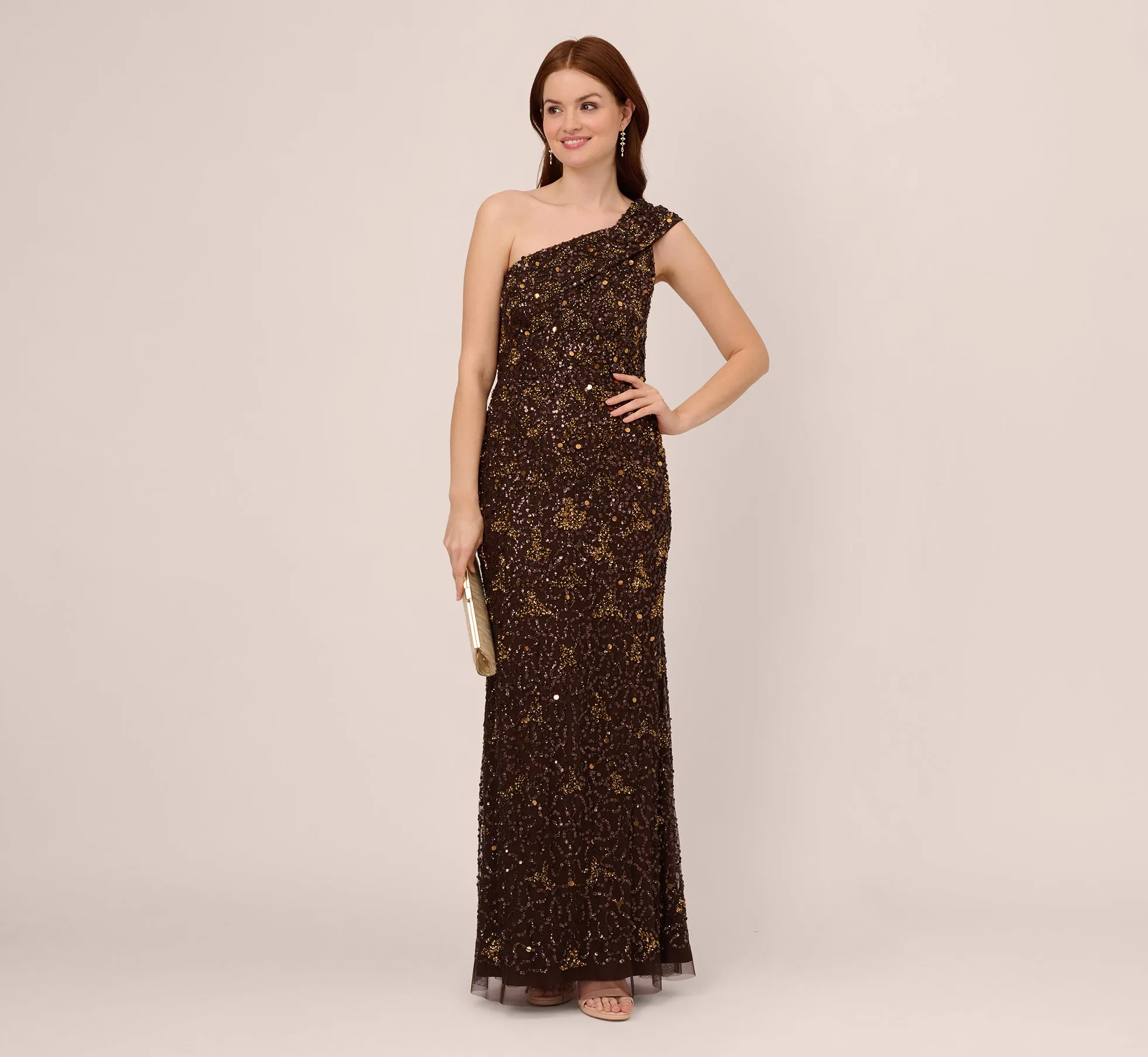 One Shoulder Beaded Mermaid Gown In Chocolate sold by Adrianna Papell product image thumbnail 2