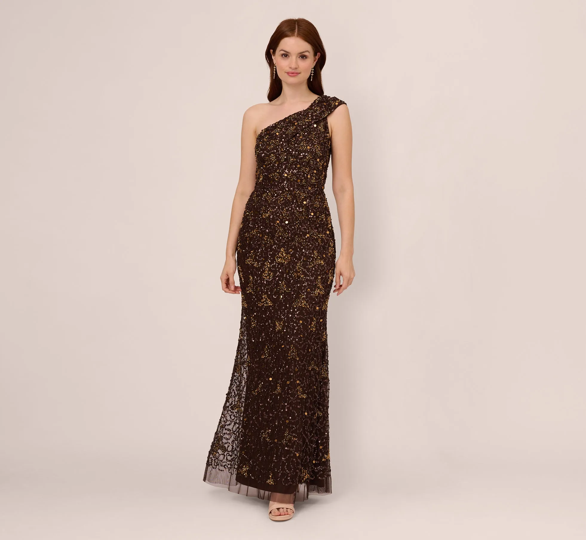 One Shoulder Beaded Mermaid Gown In Chocolate sold by Adrianna Papell