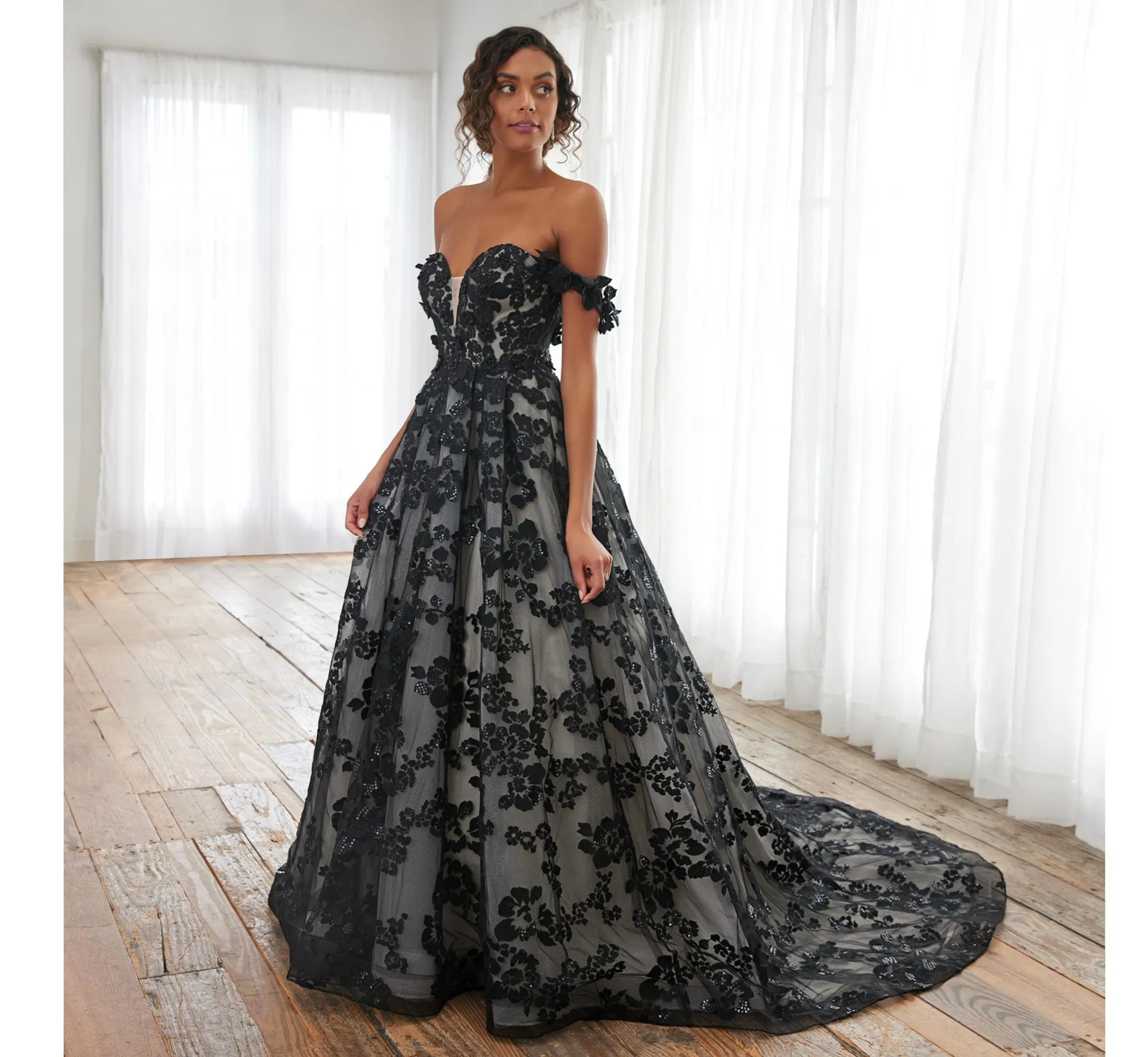 Floral Hand-Beaded Strapless A-Line Gown In Black Oyster Nude sold by Adrianna Papell product image thumbnail 3