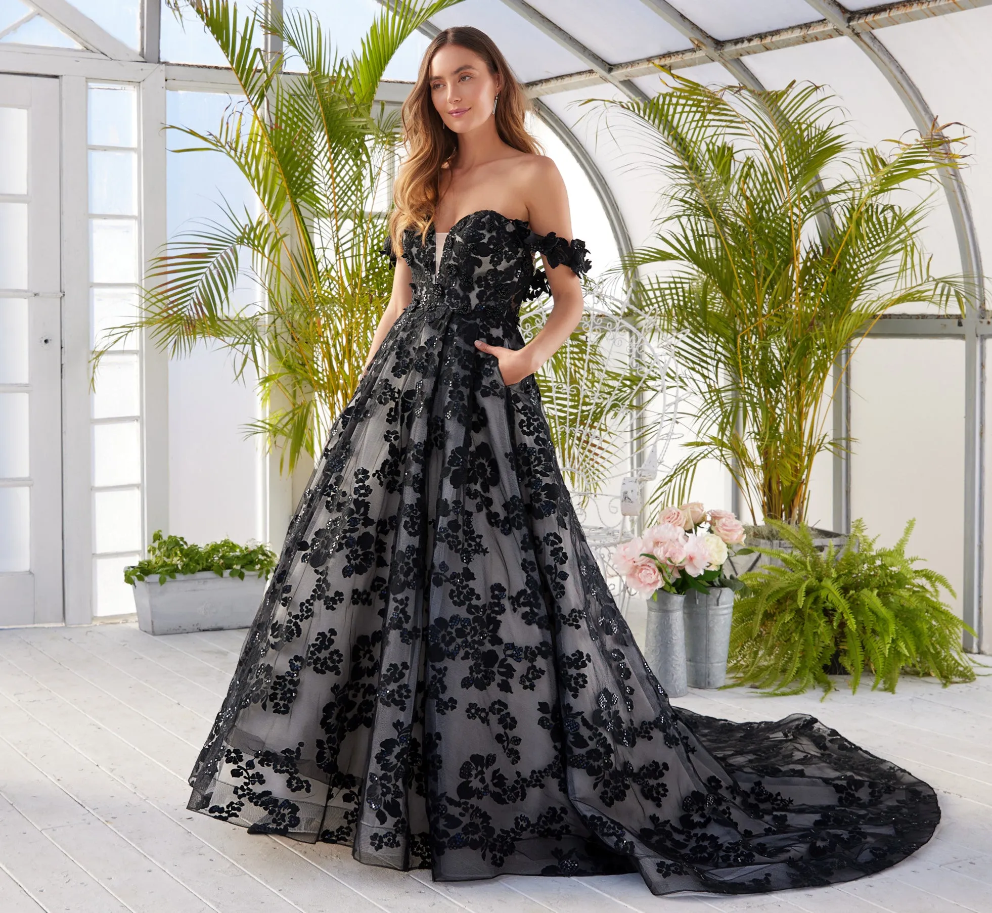 Floral Hand-Beaded Strapless A-Line Gown In Black Oyster Nude sold by Adrianna Papell