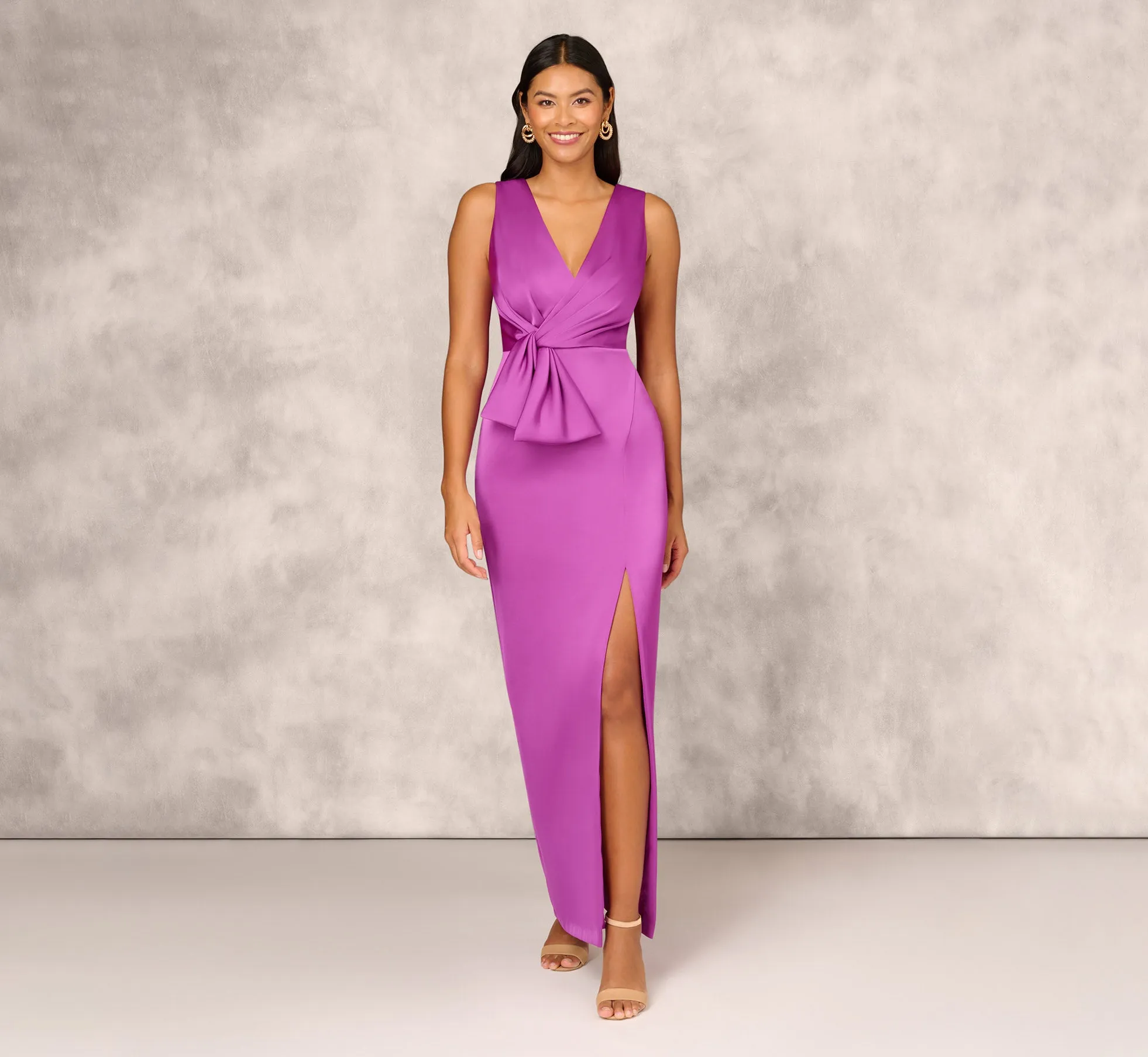 Sleeveless Satin Crepe Column Gown With Bow Waist In Wild Orchid sold by Adrianna Papell