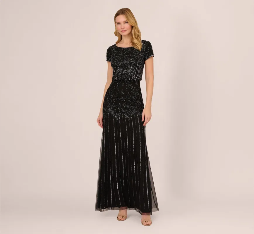 Short Sleeve Blouson Beaded Gown In Black Gunmetal sold by Adrianna Papell