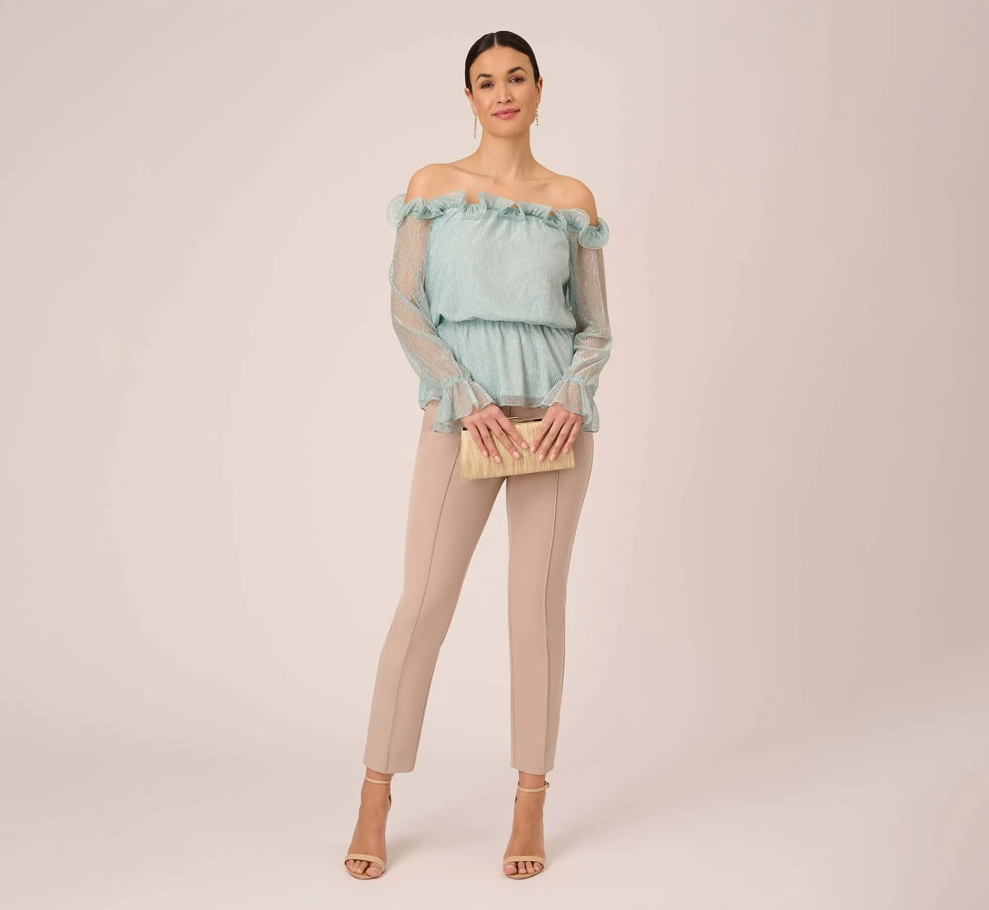 Metallic Crinkled Mesh Off The Shoulder Blouson Top With Rosettes In Mint Smoke sold by Adrianna Papell product image thumbnail 2