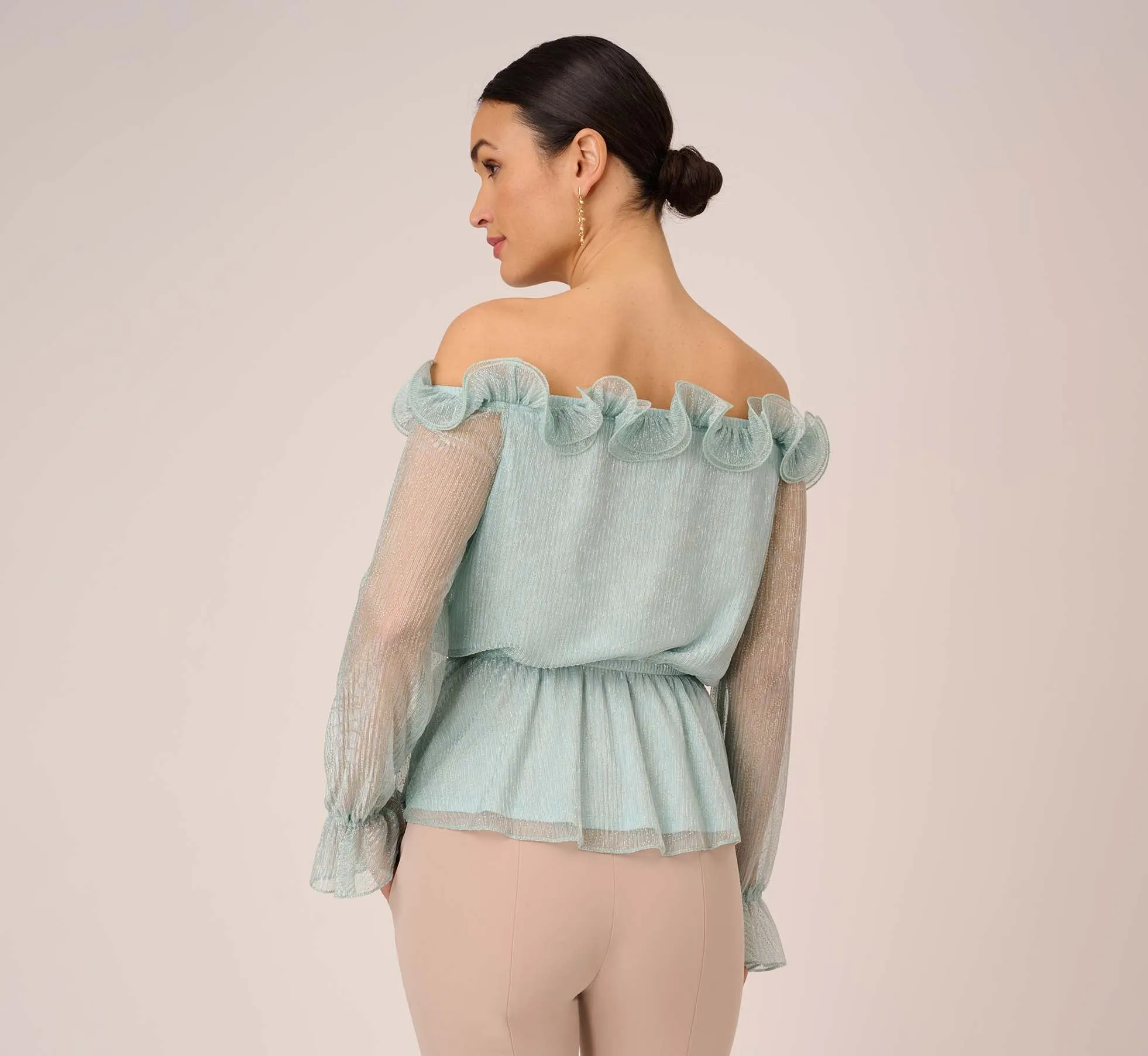 Metallic Crinkled Mesh Off The Shoulder Blouson Top With Rosettes In Mint Smoke sold by Adrianna Papell product image thumbnail 4