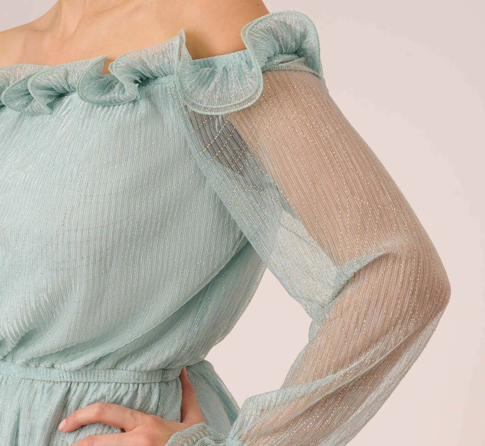 Metallic Crinkled Mesh Off The Shoulder Blouson Top With Rosettes In Mint Smoke sold by Adrianna Papell product image thumbnail 5