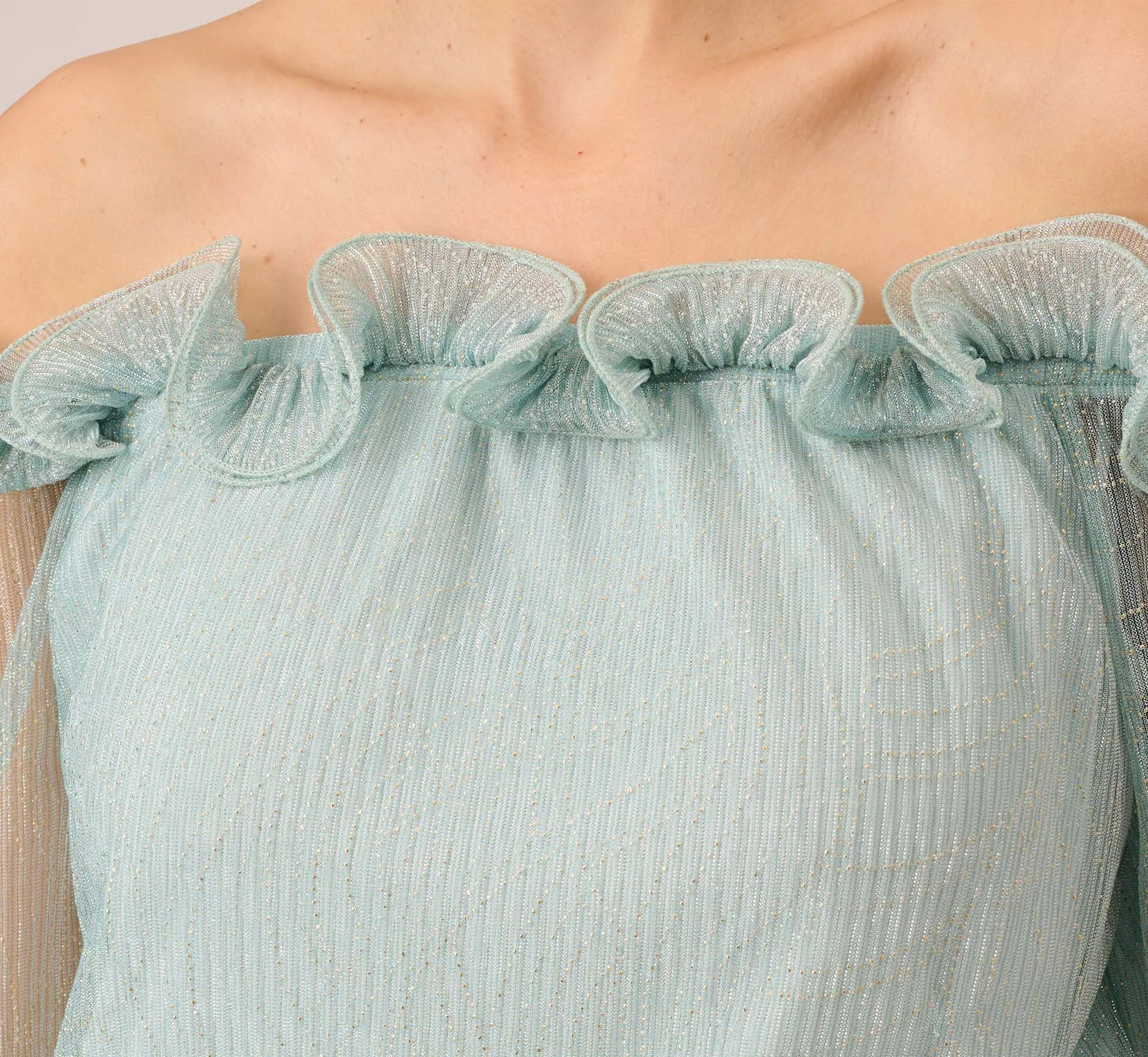Metallic Crinkled Mesh Off The Shoulder Blouson Top With Rosettes In Mint Smoke sold by Adrianna Papell product image thumbnail 3
