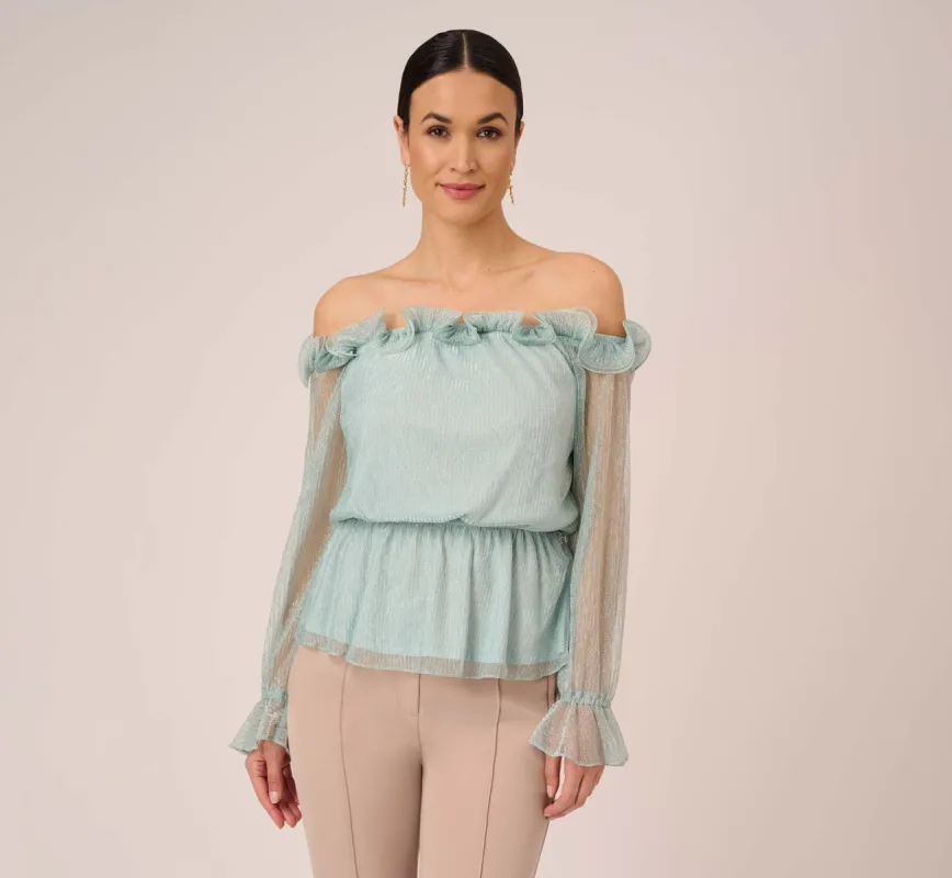 Metallic Crinkled Mesh Off The Shoulder Blouson Top With Rosettes In Mint Smoke made by Adrianna Papell
