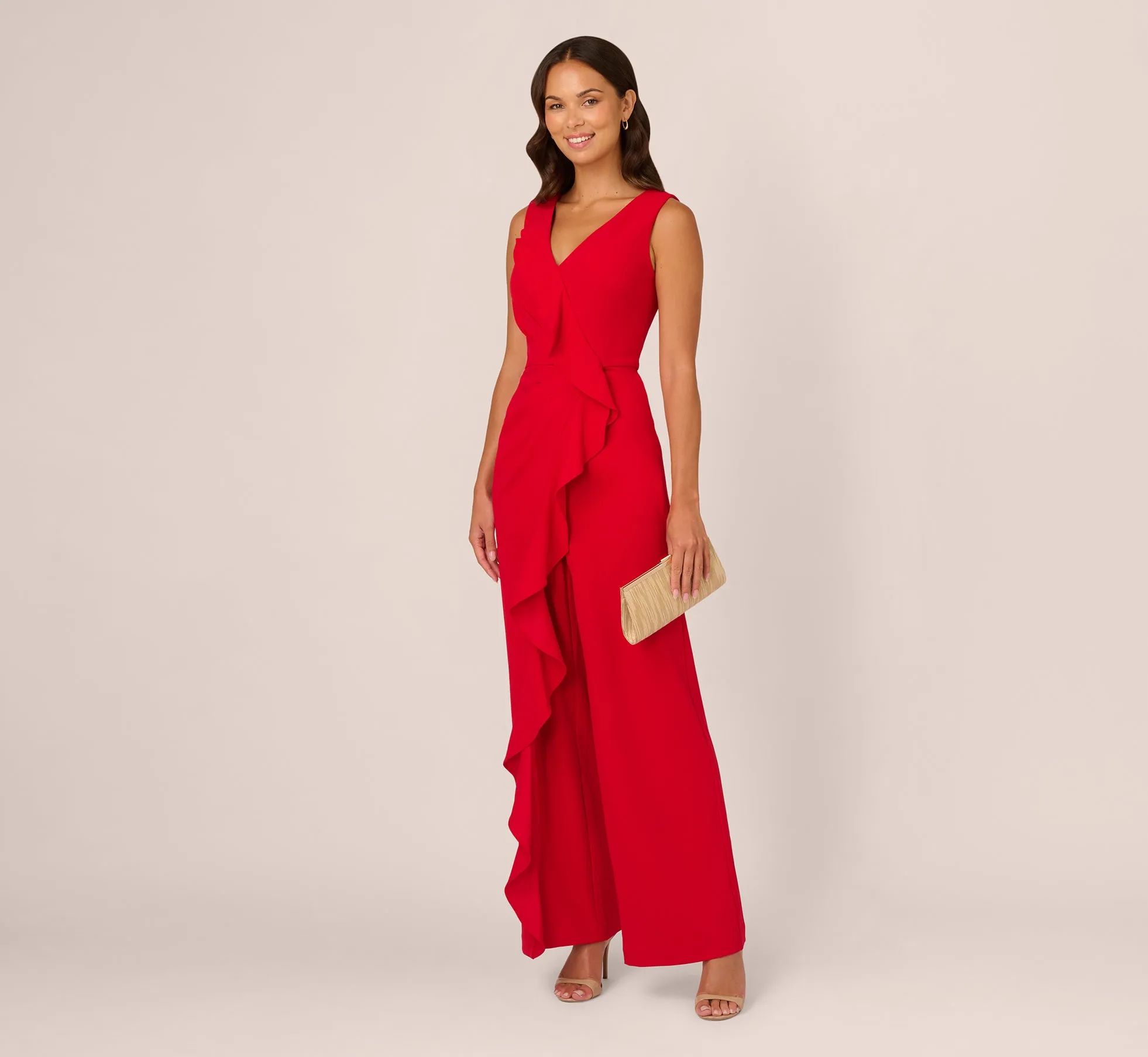 Knit Crepe Ruffle Jumpsuit In Super Red sold by Adrianna Papell product image thumbnail 2