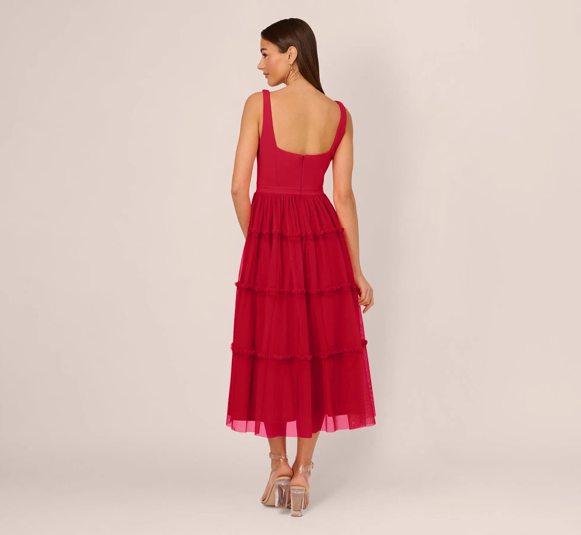 Sleeveless Midi Dress With Square Neck And Tiered Skirt In Matador Red sold by Adrianna Papell product image thumbnail 4