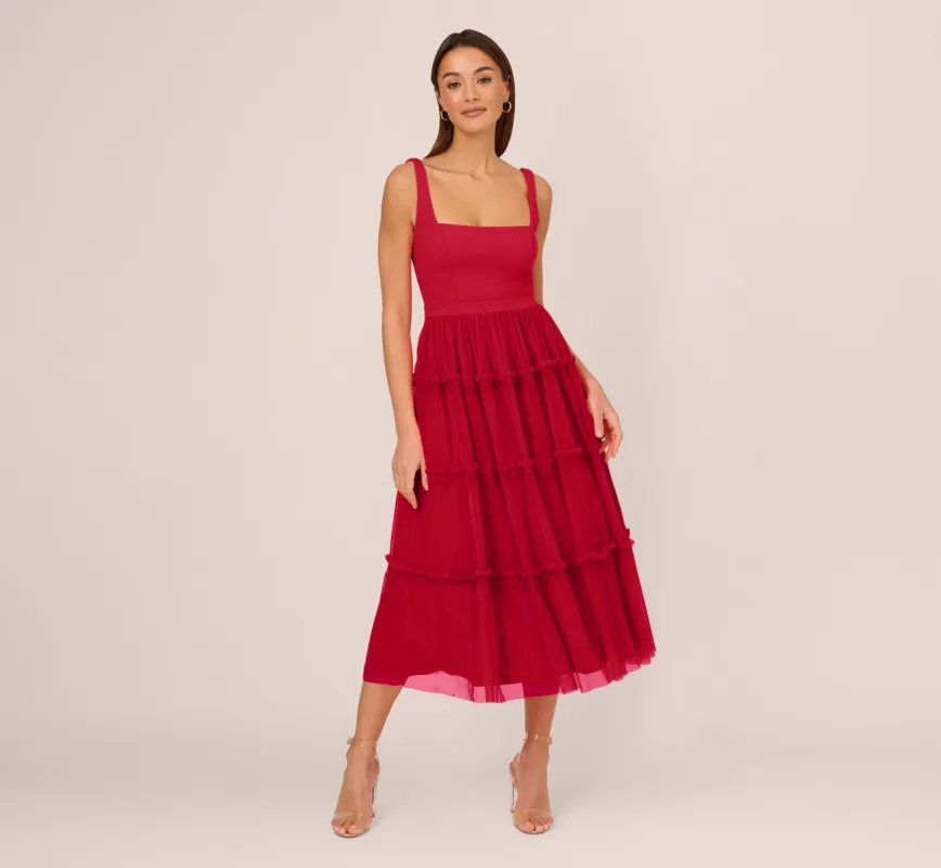 Sleeveless Midi Dress With Square Neck And Tiered Skirt In Matador Red sold by Adrianna Papell