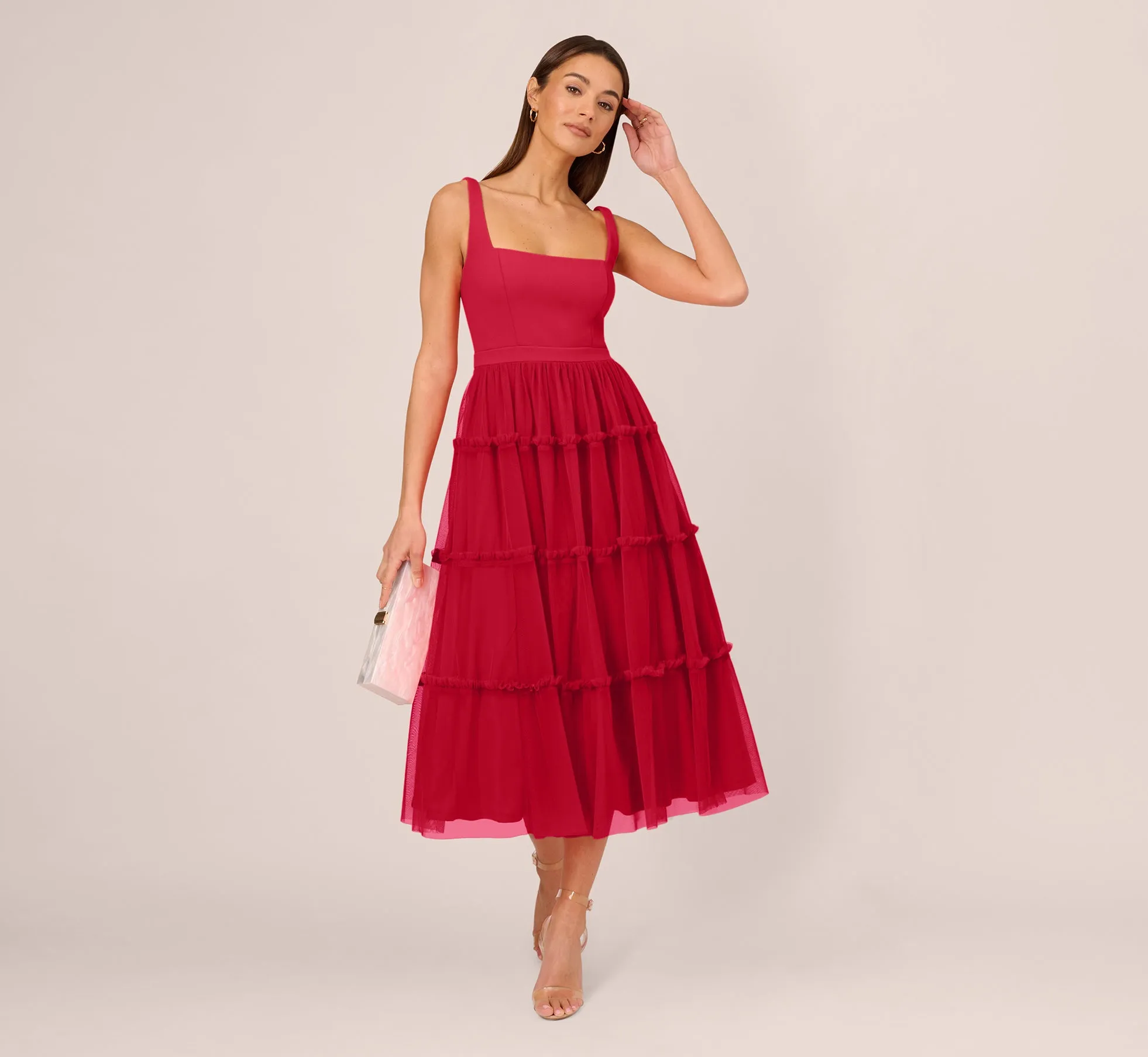 Sleeveless Midi Dress With Square Neck And Tiered Skirt In Matador Red sold by Adrianna Papell product image thumbnail 2