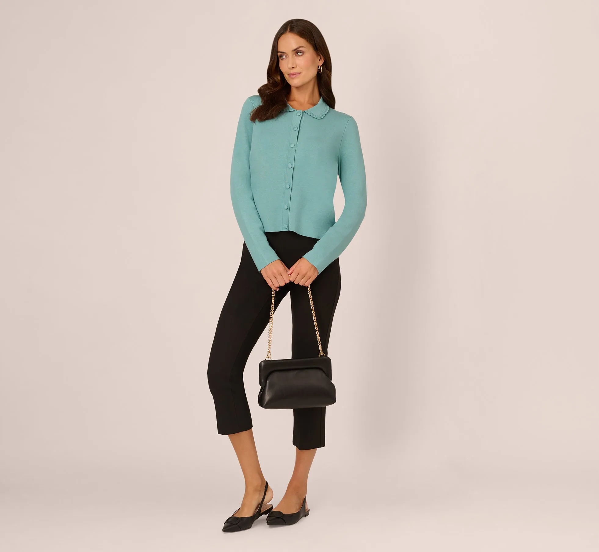 Crochet Trim Button Down Cardigan Sweater In Aqua sold by Adrianna Papell product image thumbnail 2