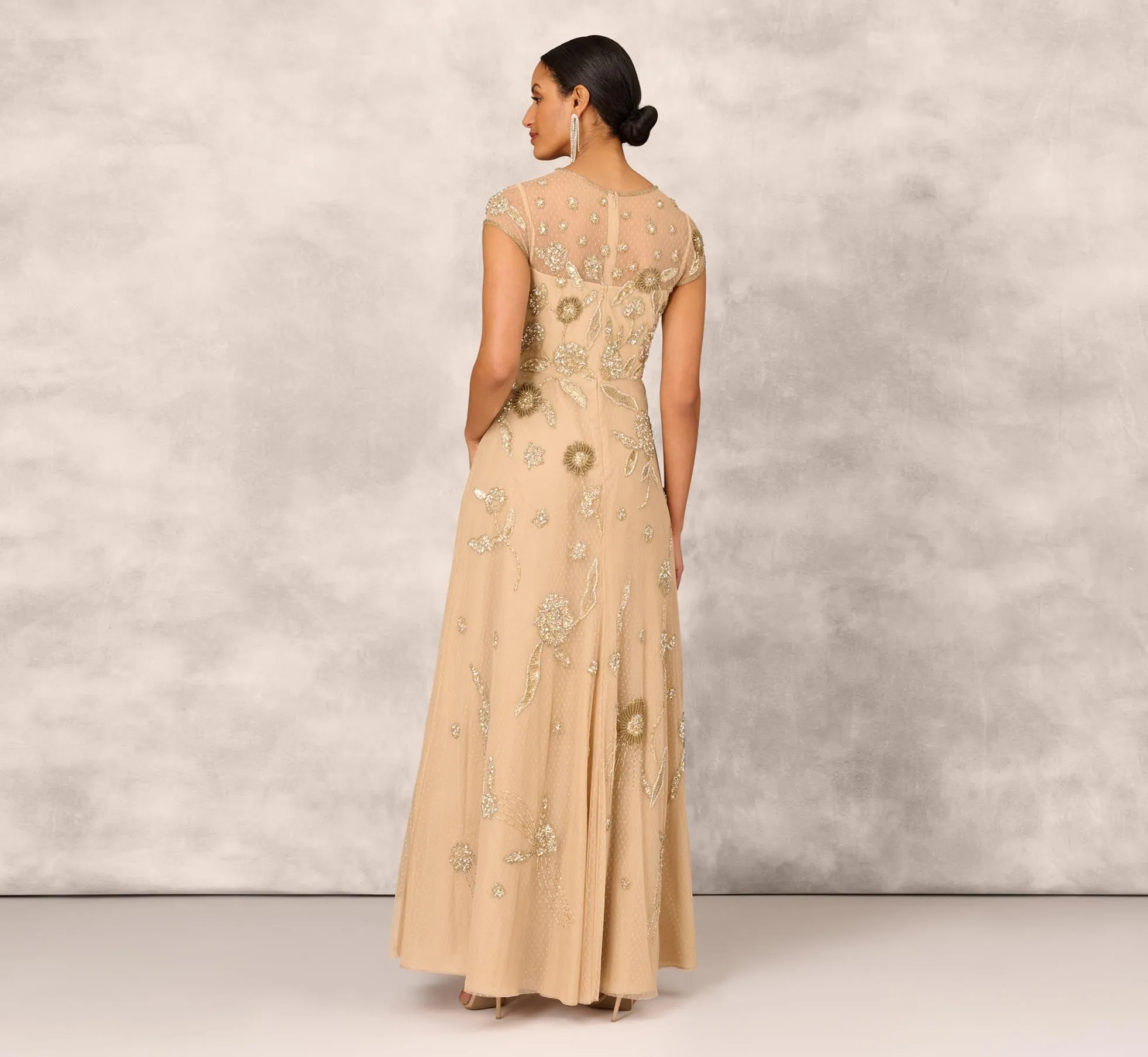 Floral Hand-Beaded Point D Sprit Mesh Illusion Gown In Light Gold sold by Adrianna Papell product image thumbnail 5