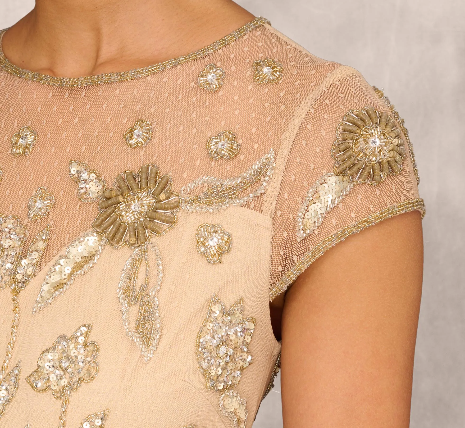 Floral Hand-Beaded Point D Sprit Mesh Illusion Gown In Light Gold sold by Adrianna Papell product image thumbnail 3