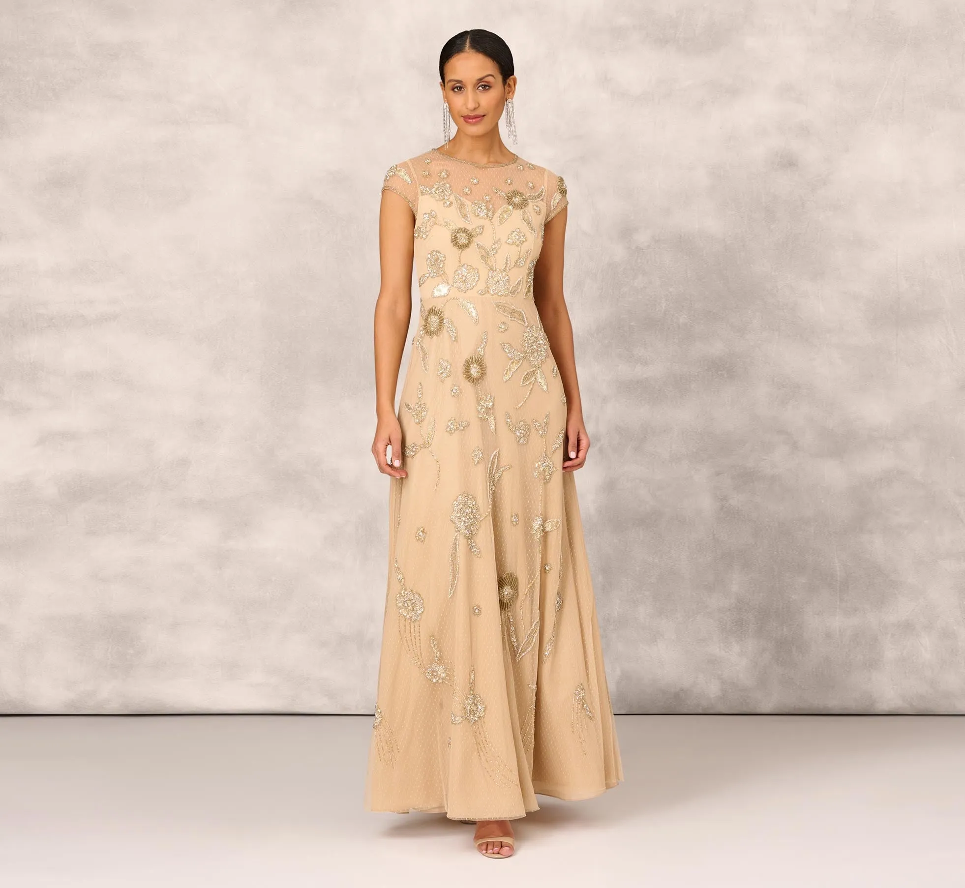 Floral Hand-Beaded Point D Sprit Mesh Illusion Gown In Light Gold sold by Adrianna Papell