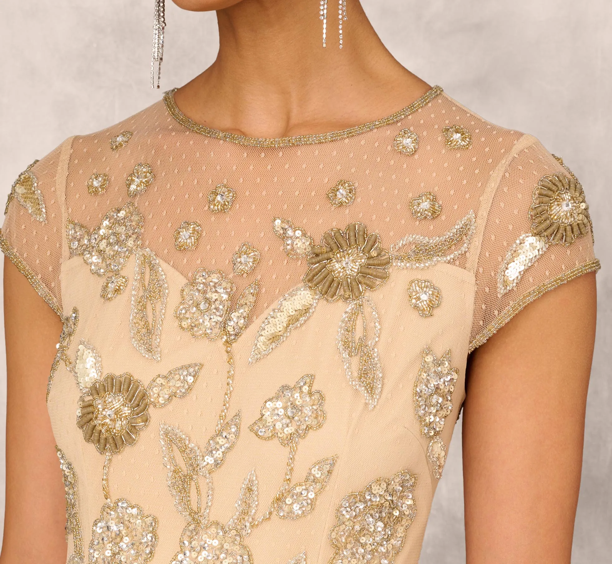 Floral Hand-Beaded Point D Sprit Mesh Illusion Gown In Light Gold sold by Adrianna Papell product image thumbnail 4