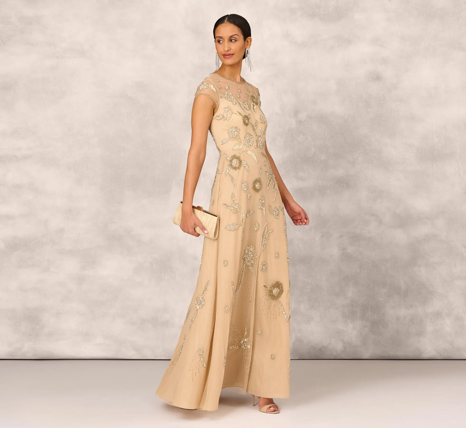 Floral Hand-Beaded Point D Sprit Mesh Illusion Gown In Light Gold sold by Adrianna Papell product image thumbnail 2