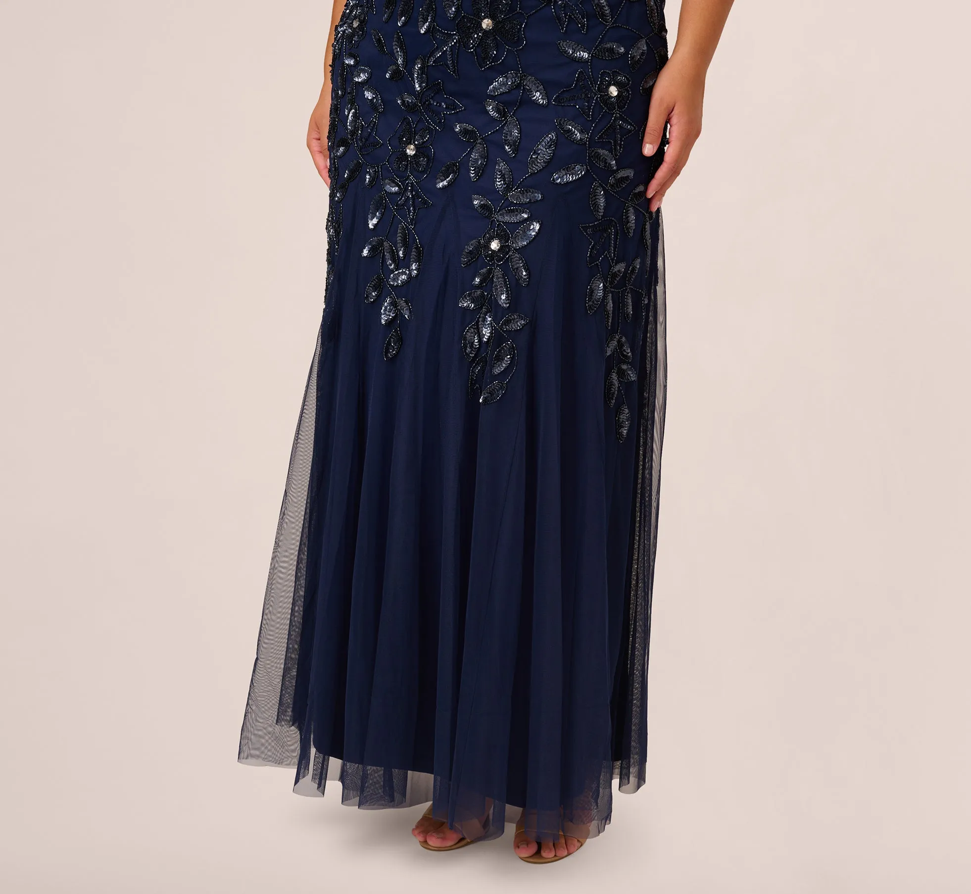 Plus Size Hand Beaded Short Sleeve Floral Godet Gown In Light Navy sold by Adrianna Papell product image thumbnail 4
