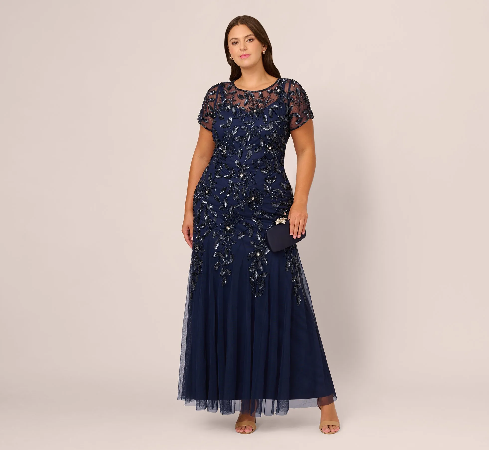 Plus Size Hand Beaded Short Sleeve Floral Godet Gown In Light Navy sold by Adrianna Papell product image thumbnail 2