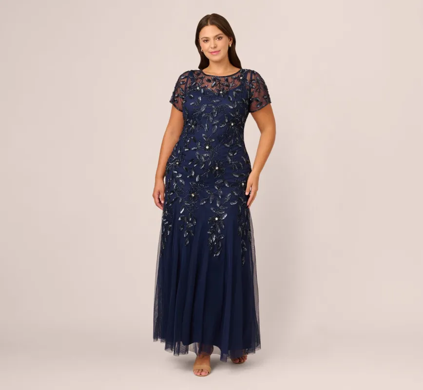 Plus Size Hand Beaded Short Sleeve Floral Godet Gown In Light Navy sold by Adrianna Papell