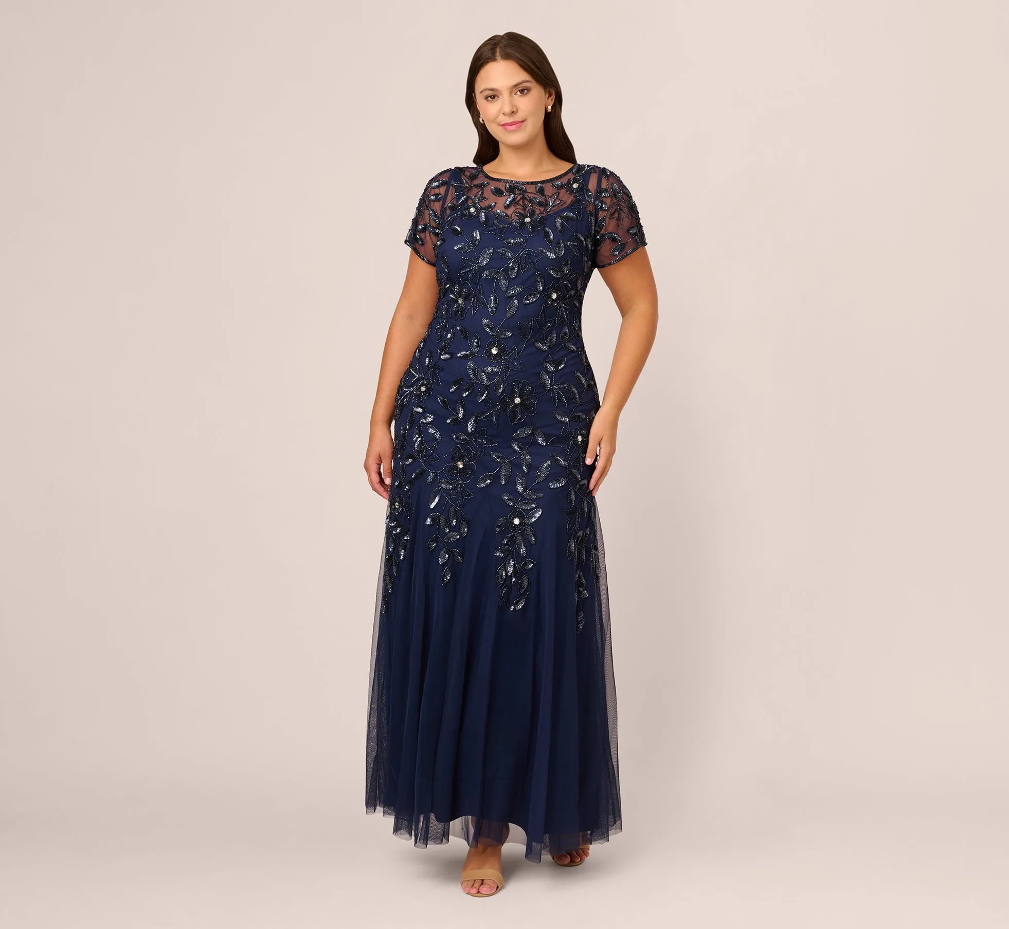 Plus Size Hand Beaded Short Sleeve Floral Godet Gown In Light Navy sold by Adrianna Papell